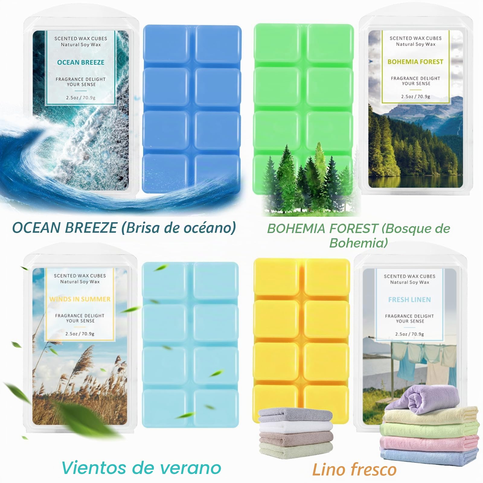 SCENTORINI Ceras Perfumadas para Derretir Aromáticas 100% Cera de Soja Fragancia, Aromaterapia，Aroma Lino Fresco, Bosque Bohemio, Brisa Marina, Viento en Verano 70.9 g x 4