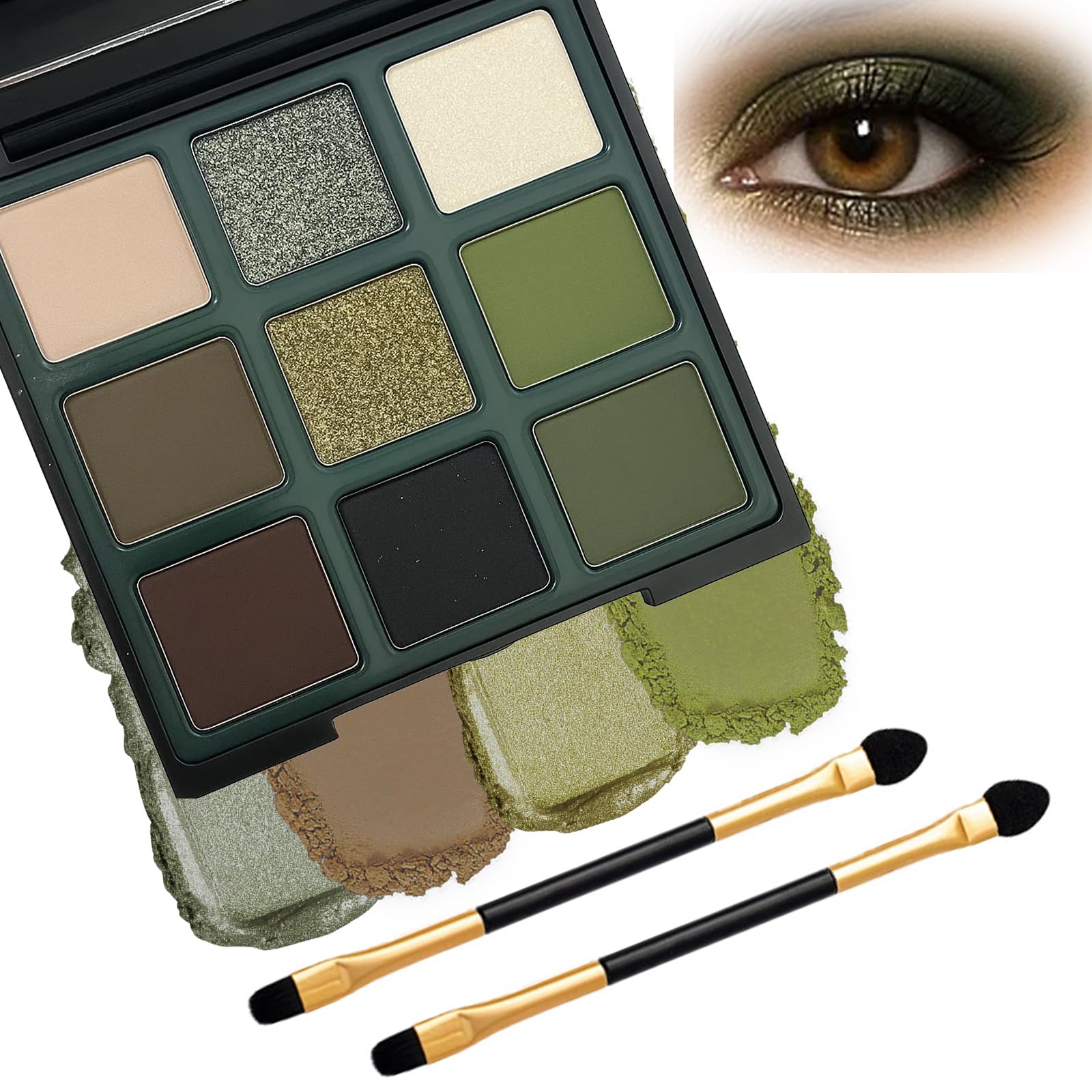 Green Smokey Eyeshadow Palette, 9 Highly Pigmented Matte & Shimmer Shades, Waterproof & Long-Lasting, with Dual-Ended Brush