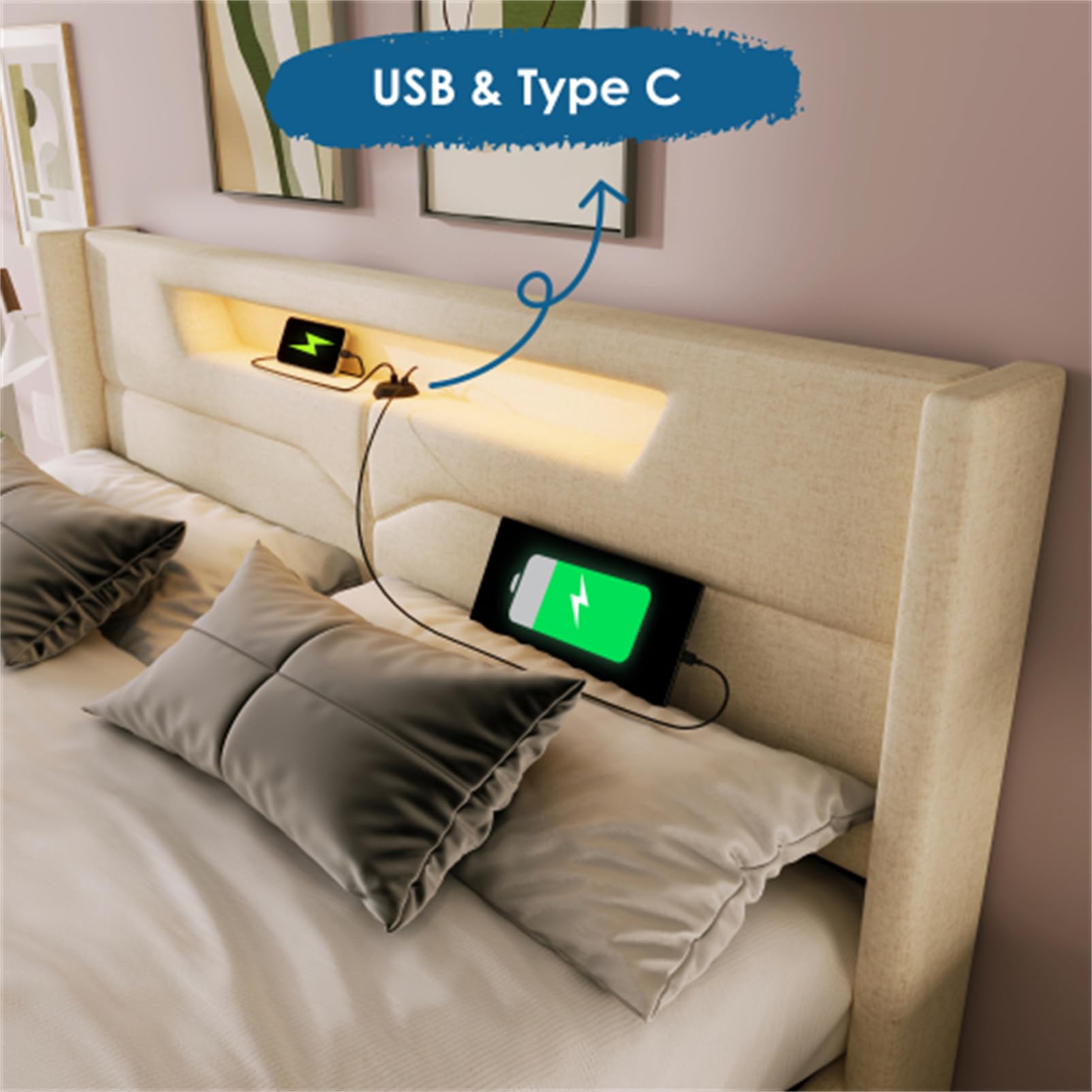 Letto Imbottito Funzione Di Ricarica USB Tipo C Illuminazione A LED E 2 Cassetti Letti Per Ragazzi 90x200 Cm Letti Singoli Struttura Letto Contenitore Rete A Doghe In Legno 85190188