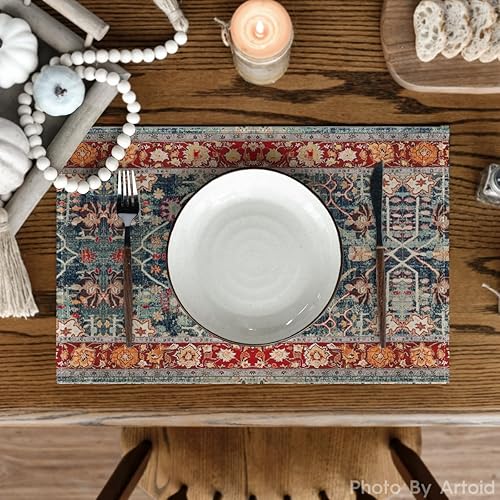 Miniatura 2 de Artoid Mode Juego de 4 manteles individuales de estilo bohemio rojo de 12 x 18 pulgadas, manteles individuales mágicos de otoño para decoración de