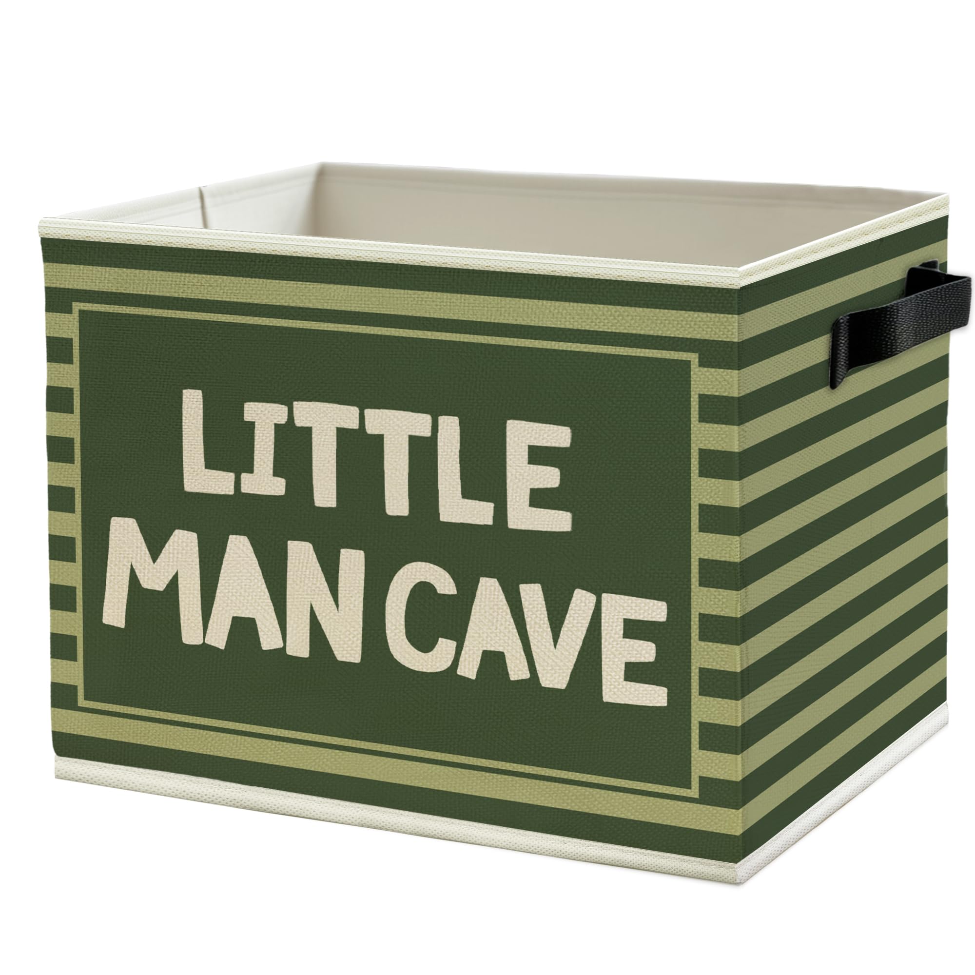 Little Man Cave Boys Storage Bins Box with Handles, Olive Green Striped Boho Collapsible Basket Organizer for Kids Boys Playroom Nursery Room Bedroom Bathroom Books Clothes