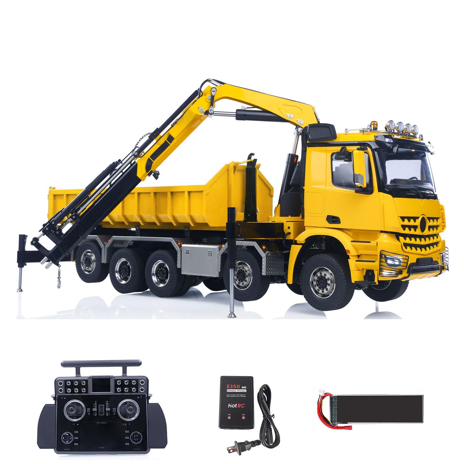 1 14 RC Hydraulic Dumper Truck 10X10 3-Speed Transmission Full-Dump Crane Cars Standard Bucket Light Sound XE Lite