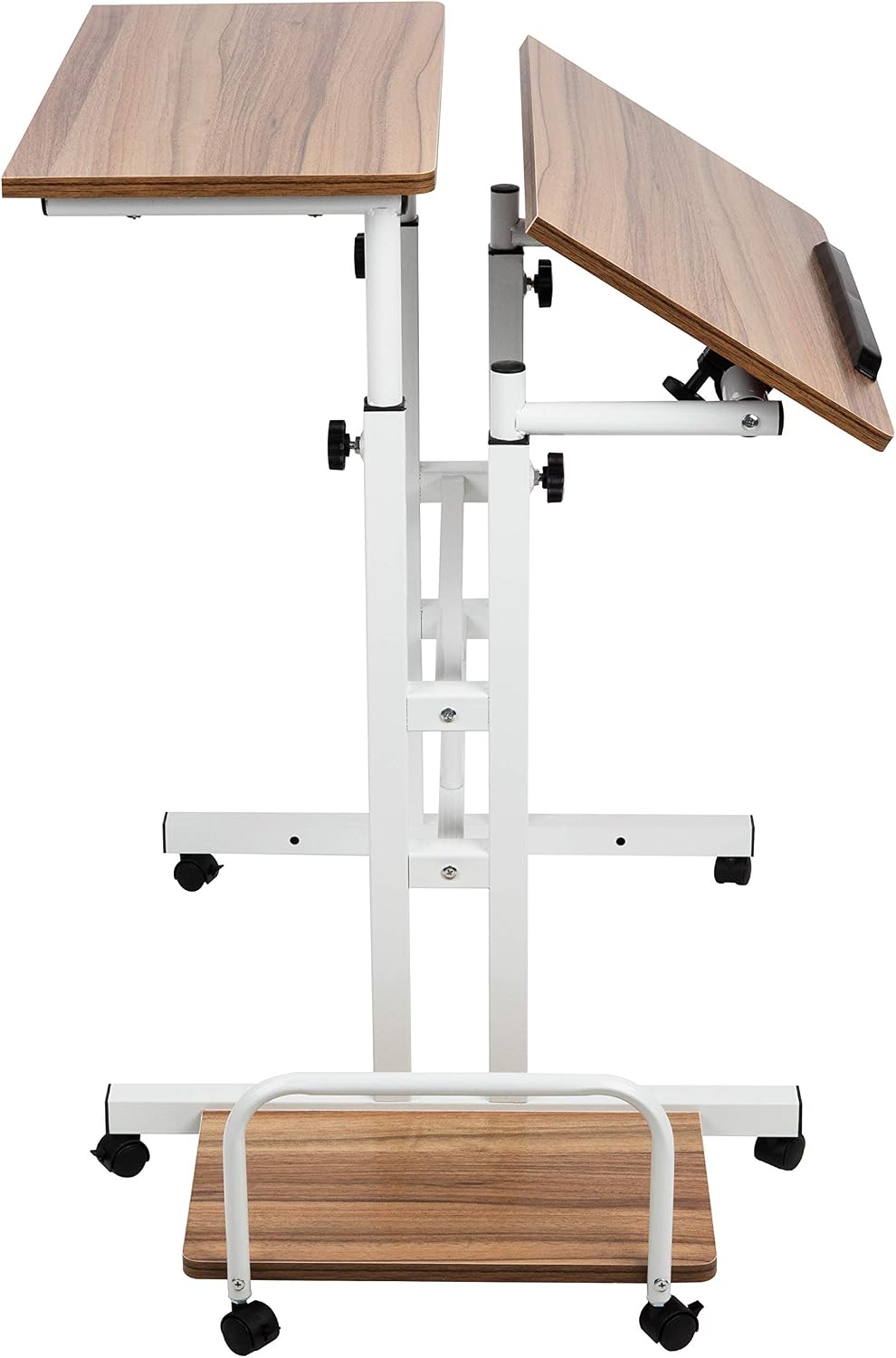 Mind Reader Mobile Sitting Standing Desk Rolling Reversible Home Office Laptop Workstation with Side Storage, Locking Wheels, Large, Oak