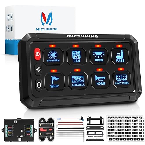 MICTUNING Panel de interruptor de 8 cuadrillas P1S-B08 Azul 60Amp 7201440W ToggleTouch ON-Off Caja de relé de control de circuito momentáneo para