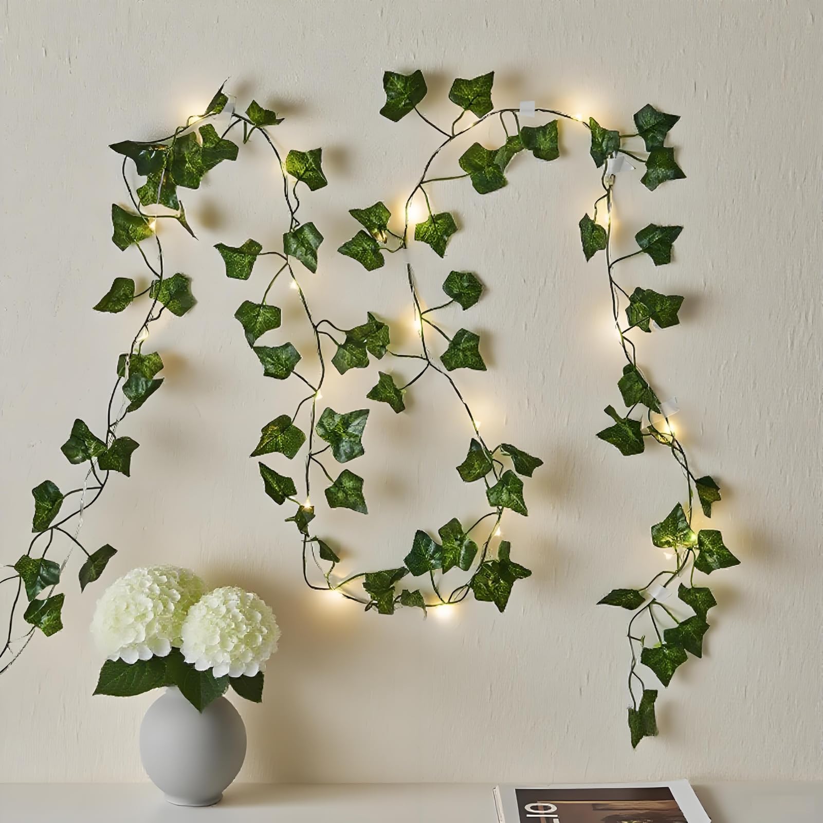 Vine con luces de hadas de 40 pies, 120 luces LED de hiedra con enchufe USB y luces de hoja que funcionan con pilas, con temporizador, 8 modos, luz decorativa remota para dormitorio, boda