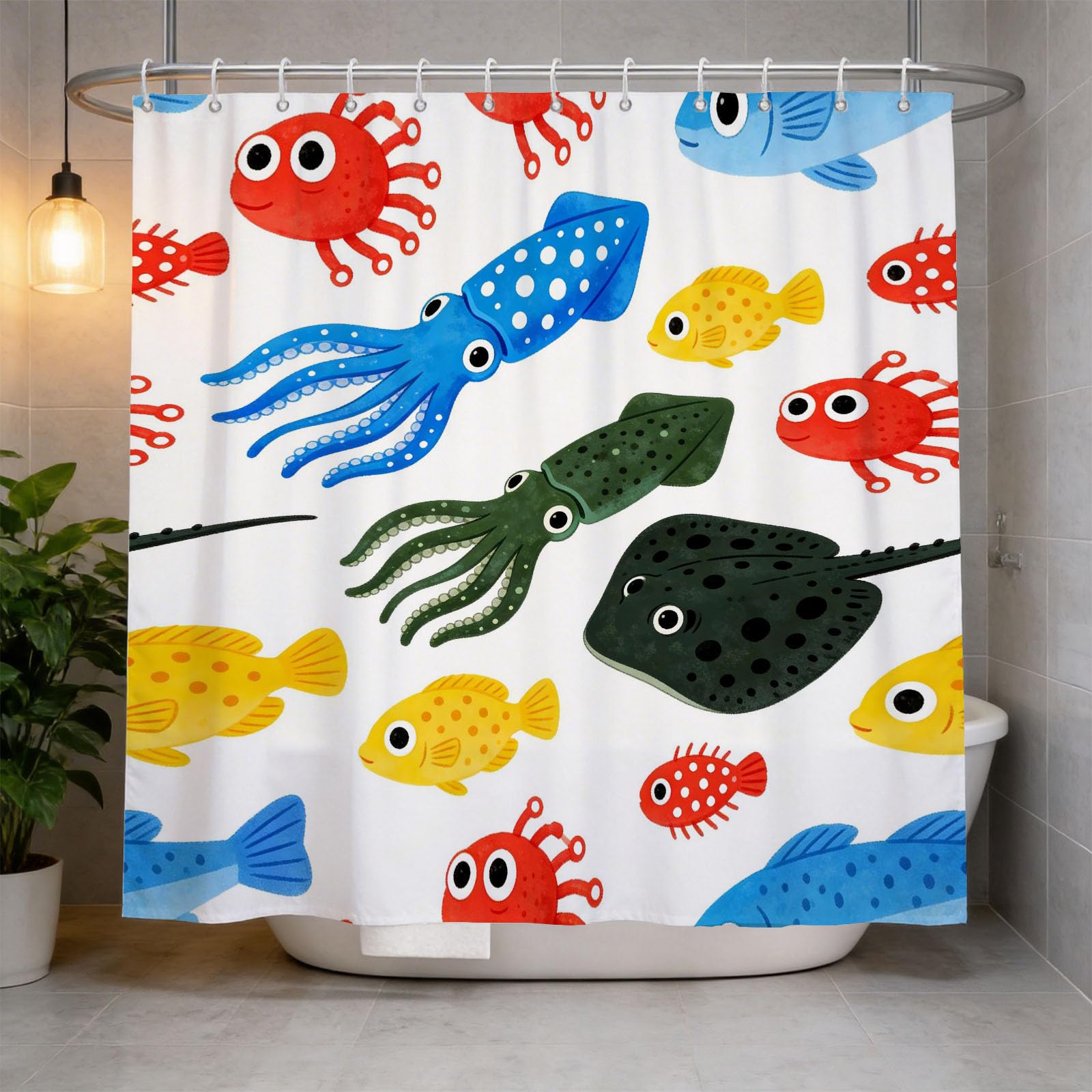 Hongduo 3D Octopus Squid Shower Curtain for Stalls Bathtubs Cartoon Bathroom Decor Shower Curtain Set Polyester Fabric Waterproof 180x180cm/71X71 Inch with Hooks