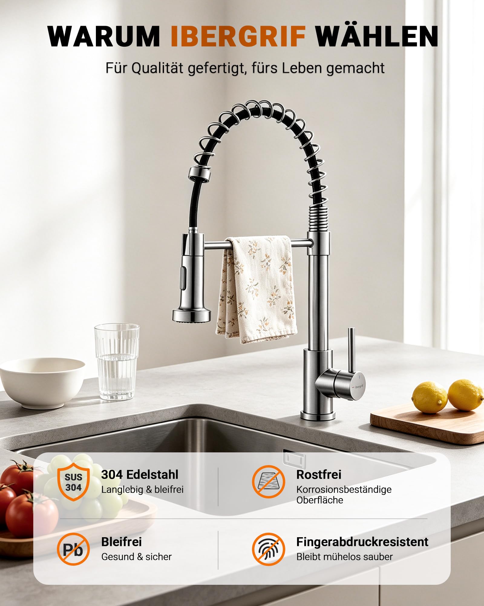 Ibergrif M22143A Küchenarmatur Ausziehbar Kaltstart Edelstahl Hochdruck