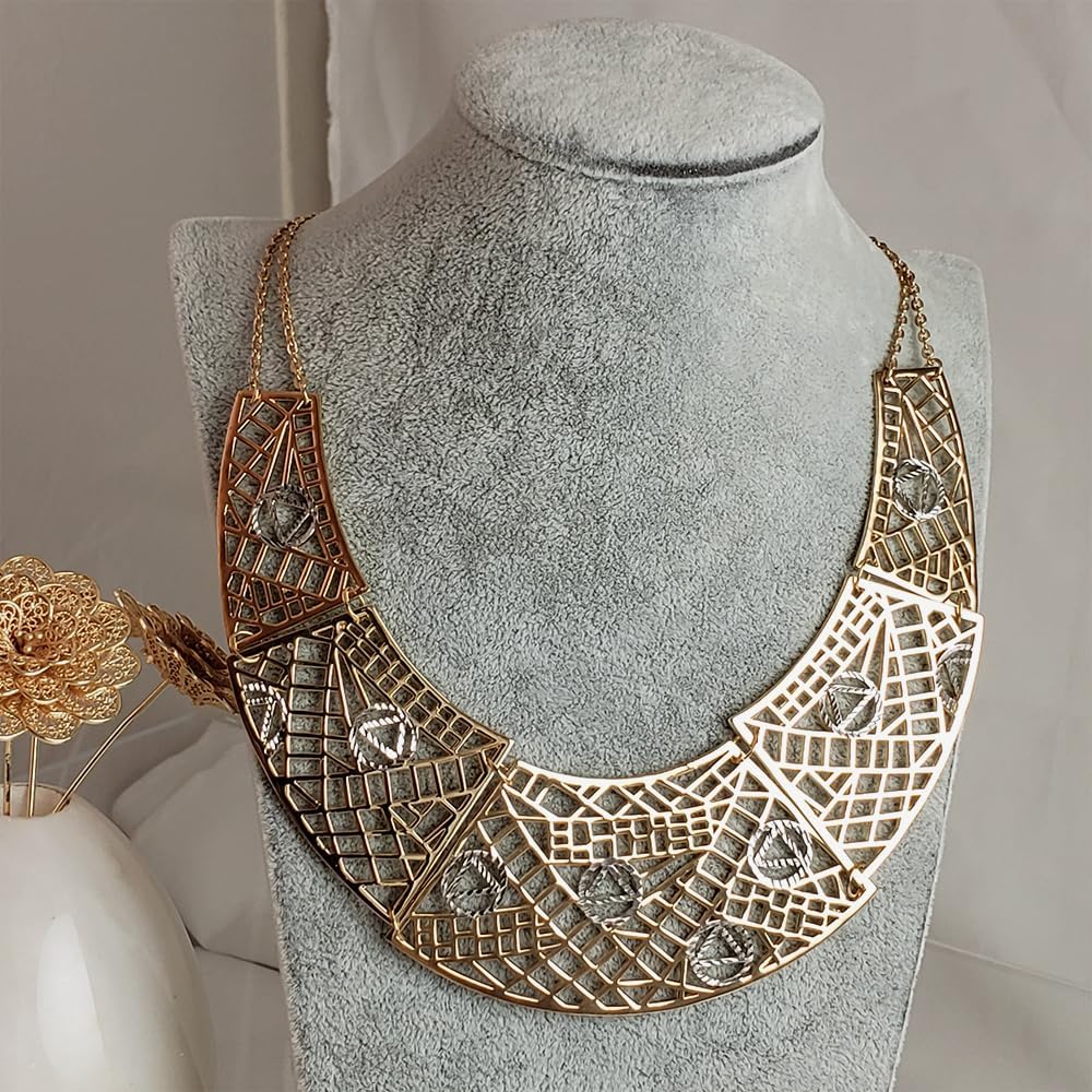 18K Gold Plated Cleopatra Bib Necklace for Women, Maximalist Geometric Statement Necklace, Lightweight and Comfortable, Elegant Gold Jewelry, Ideal Gift for Special Occasions