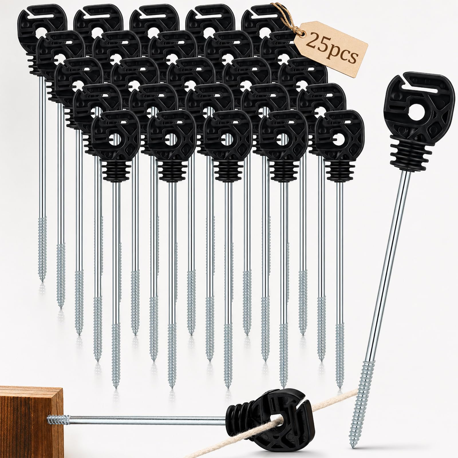Tandefio 25 aisladores eléctricos para cercas de soporte, aisladores de rosca, aisladores negros de poste de valla de brazo largo, aislador de poste de madera para cuerda de cinta, alambre eléctrico,