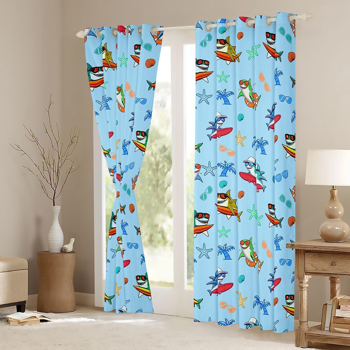 Castle Fairy Cute Shark Blackout Curtains Summer Surfing Theme Blue Window Drapes,Tropical Palm Trees Window Treatments,Kids Boys Girls Room Decor,Grommet Top 2 Panel Set Curtains, 52Wx84L inch