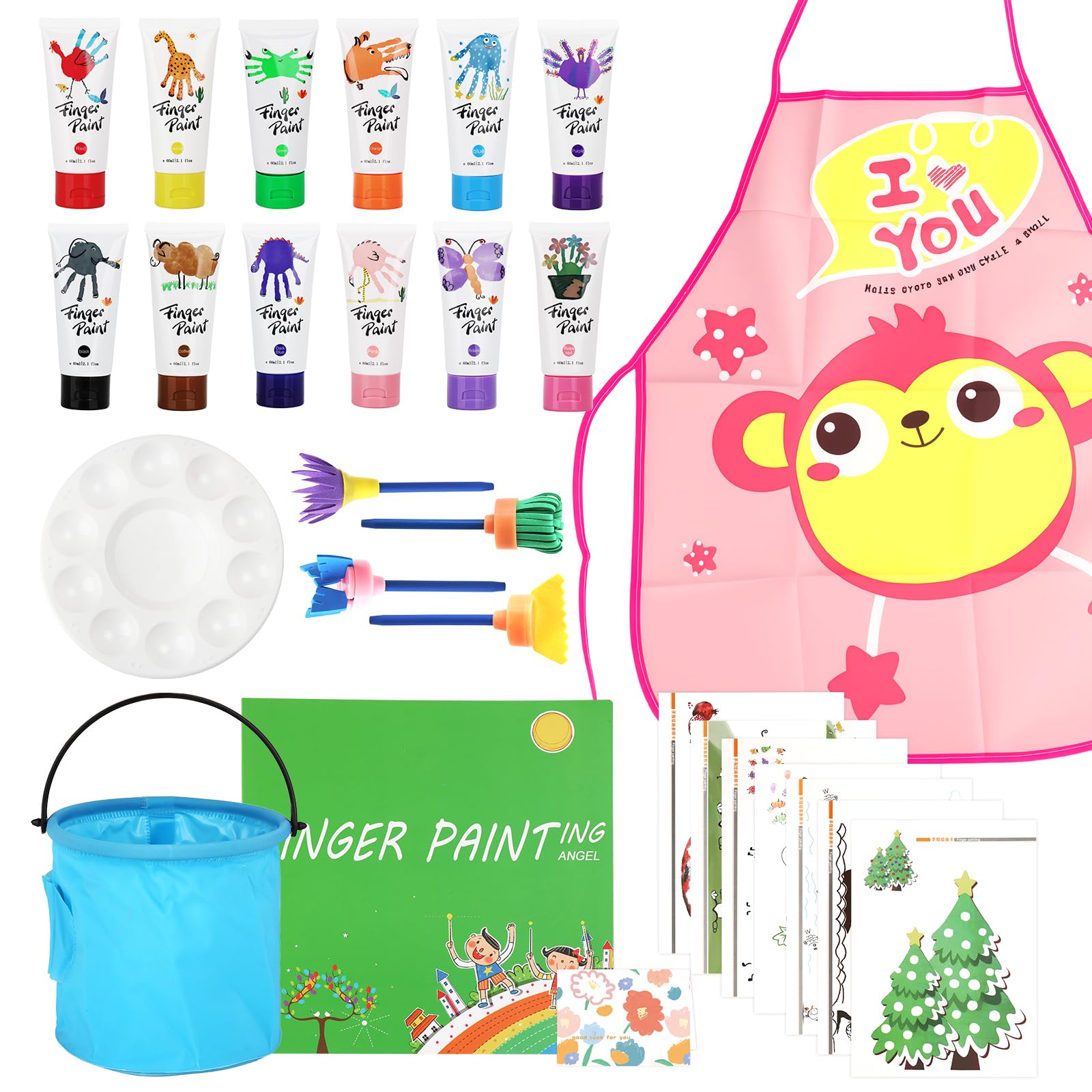 TOSUTO 51 Pcs Pintura de Dedos para Niños Lavable,Juego de Pintura para Dedos No Tóxicas,12 Colores (60ml),con Pinceles,Esponja,Paleta y Bata,Niños Pintura Temprana Artes DIY Artesanías