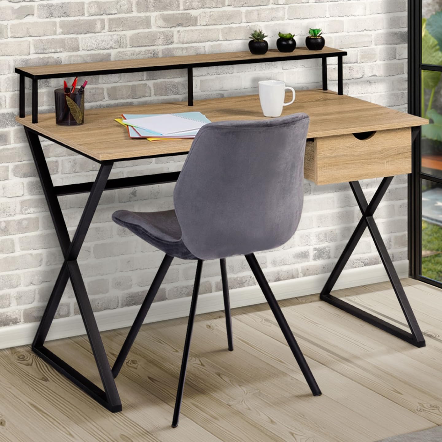IDMarket - Bureau 1 tiroir Enzo Pieds croisés Design Industriel