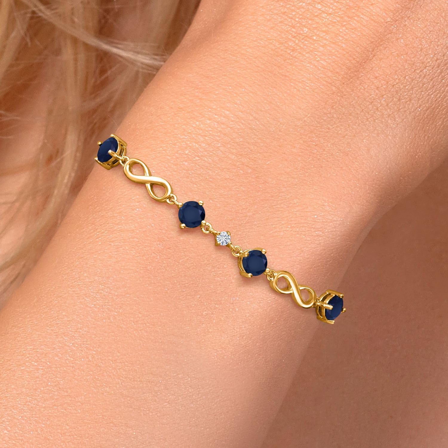 Gem Stone King 18K Yellow Gold Plated Silver Adjustable Infinity Bracelet For Women Round Blue Sapphire and Moissanite (2.47 Cttw) - Image 4