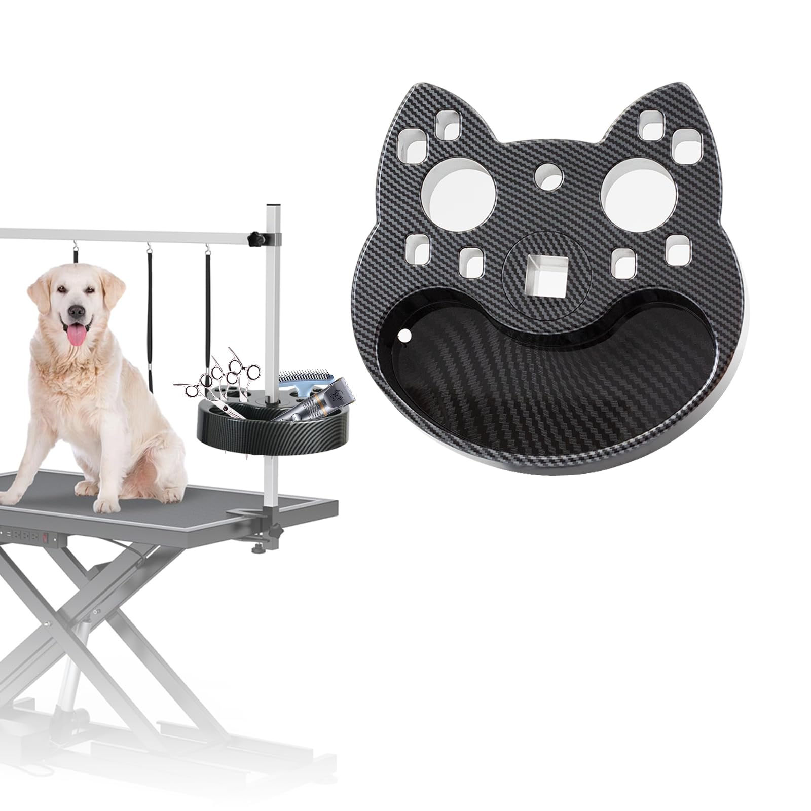 Pet Grooming Organizer for Scissors Brushes and Tools Holder - Portable Rotatable Dog Grooming Table and Arm Stand Tools(Carbon Fiber Cat Head)