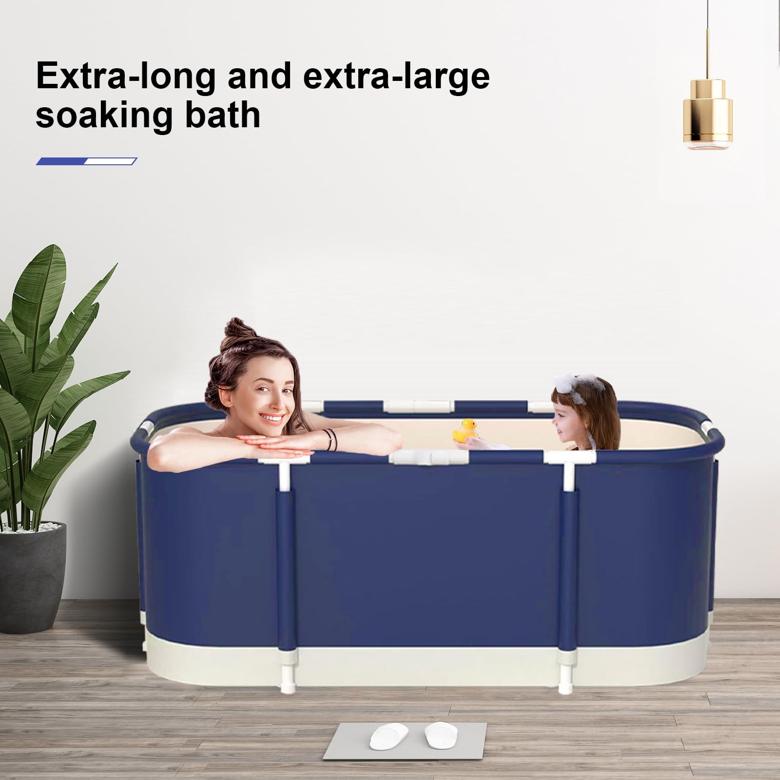 Vasca da bagno portatile, vasca da bagno pieghevole da 115cm, vasca da bagno addensata a 7 strati con supporto in metallo, SPA (Blu e bianco)