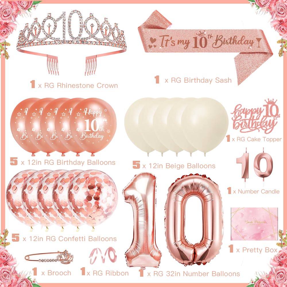 10 Anni Decorazioni Compleanno Ragazze, 10° Fusciacca e Diadema Oro Rosa Compleanno, Happy Birthday Cake Topper, Candele di Compleanno Numero e Palloncini, Regalo Ragazza 10 Anni