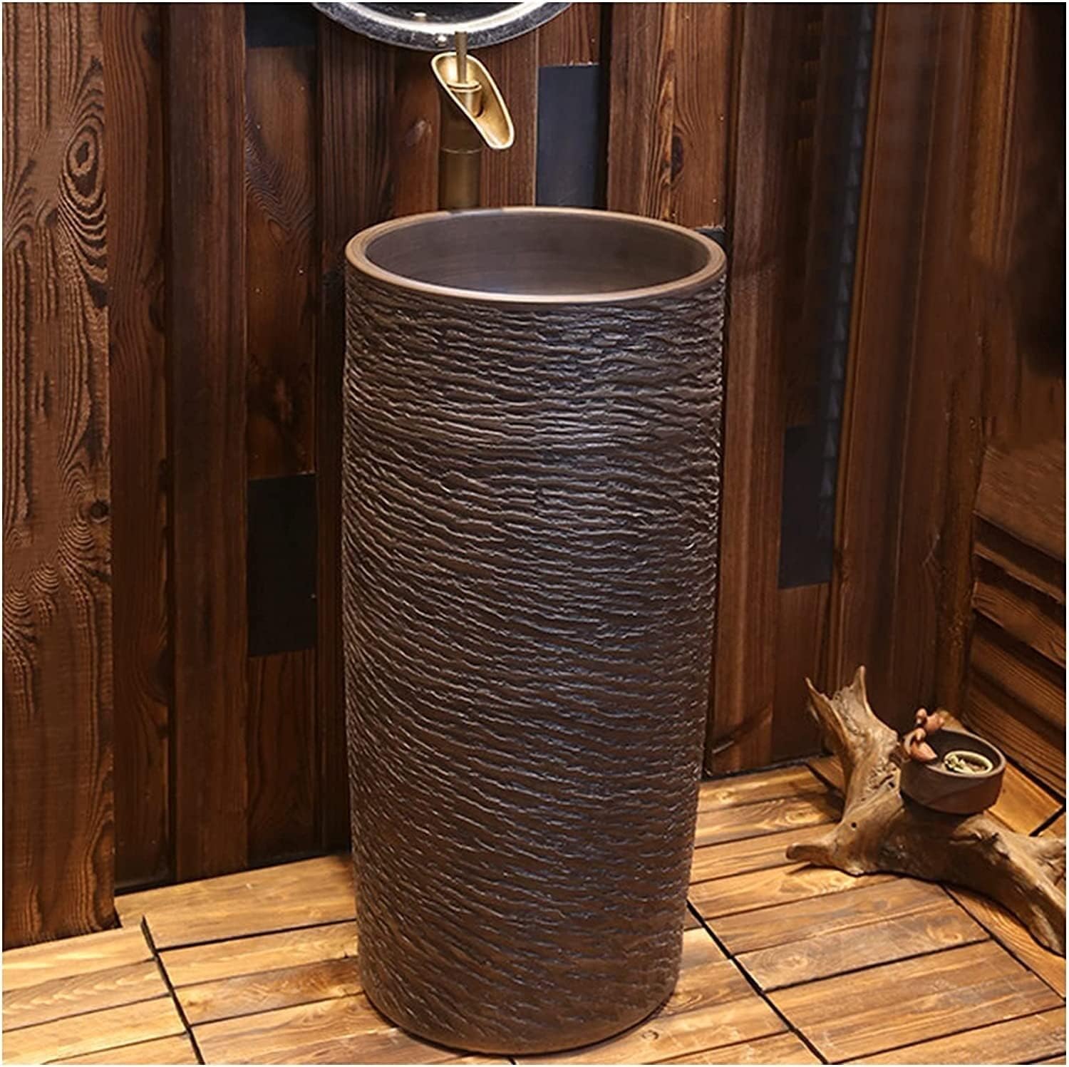 Freestanding Art Pedestal Sink Creative Hotel Sink Modern Ceramic Bathroom Basin Sink with Full Pedestal and One Tap Hole Round Freestanding Sink Ceramic Basin Sink and Pedestal Bathroom(E,With mirror