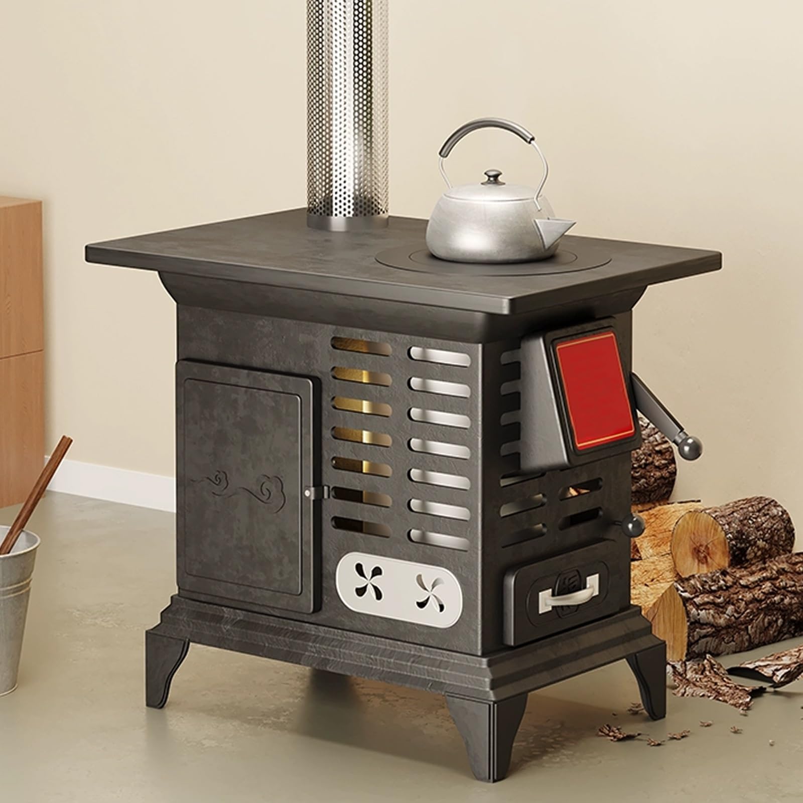 Stufa A Legna, Stufe A Pellet Con Forno E Valvola Di Ventilazione Regolabile, Legna Da Ardere E Carbone A Doppio Uso For Cucinare, Riscaldare, Bollire L'Acqua