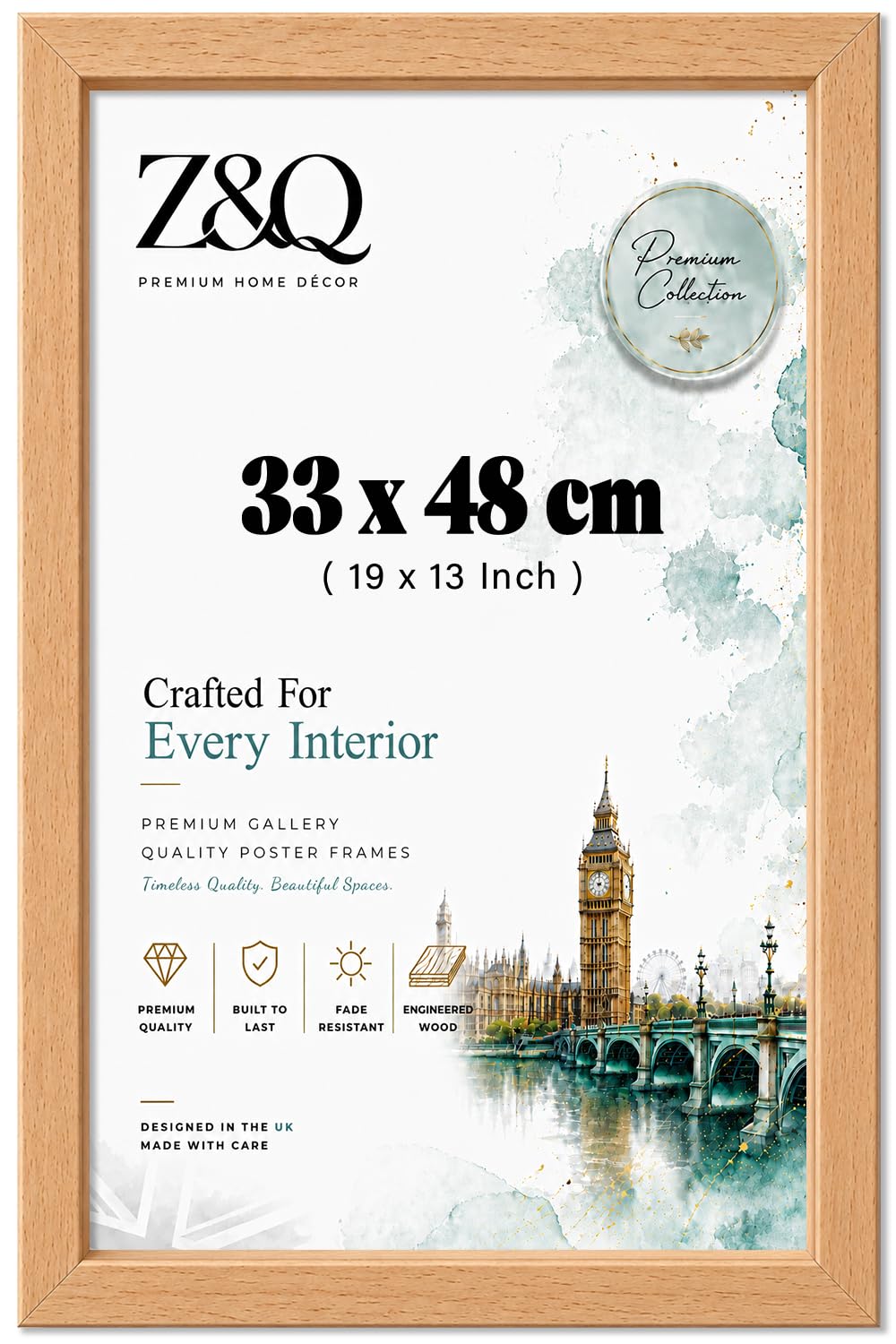 Z&Q - Rectangle Classic Black MDF Wood Finish (33 x 48 CM) Frame for Posters | Eton Wood 19 x 13 Inch For Art Gallery, Home Décor [ Beech ] — image 1