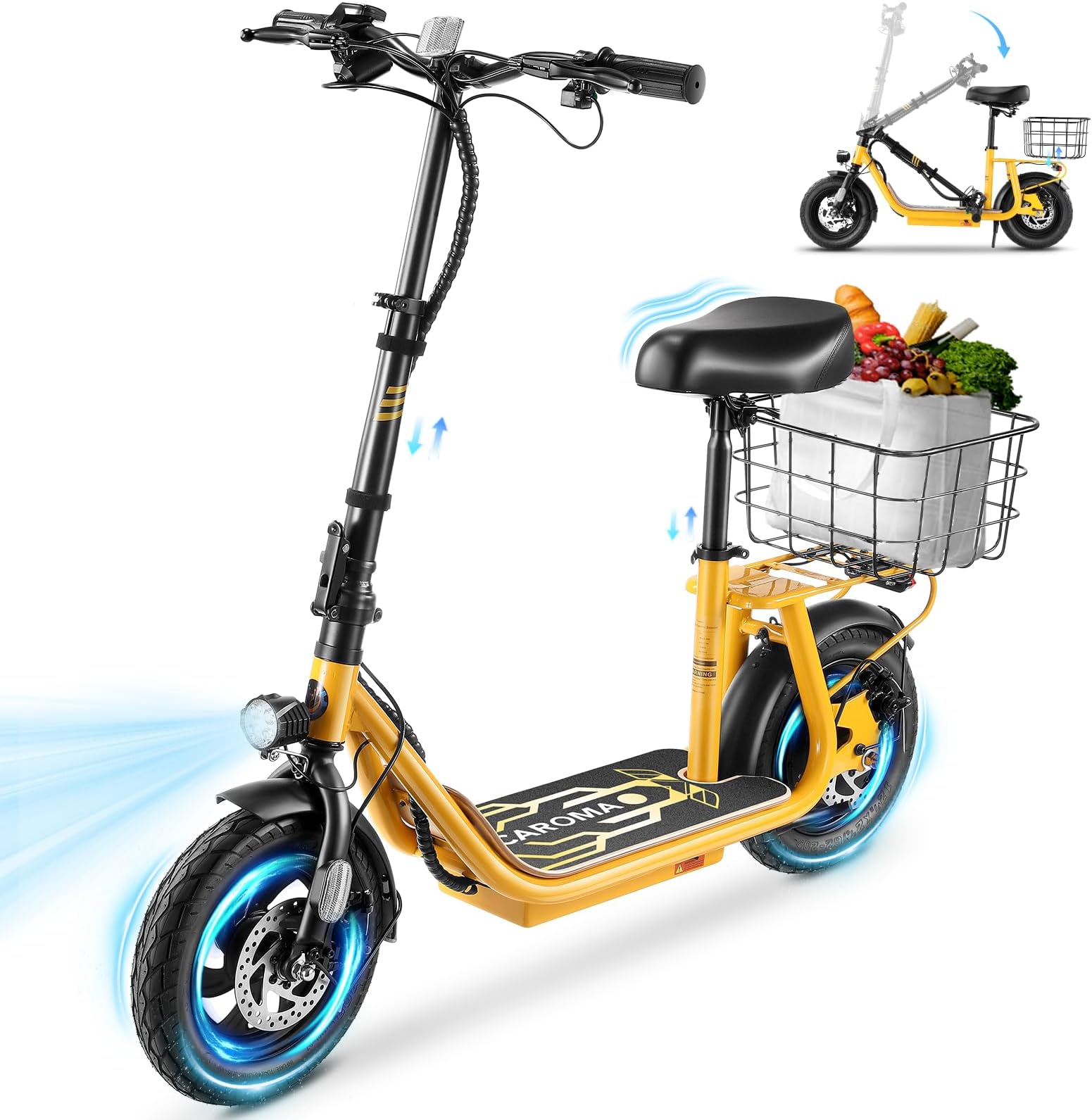 Caroma Peak 1200W Electric Scooter with Seat, 30 Miles Max Range, Electric Scooter Adults, Up to 20MPH Foldable Escooter with Basket,Key Start Adjustable E-Scooter,Yelloww