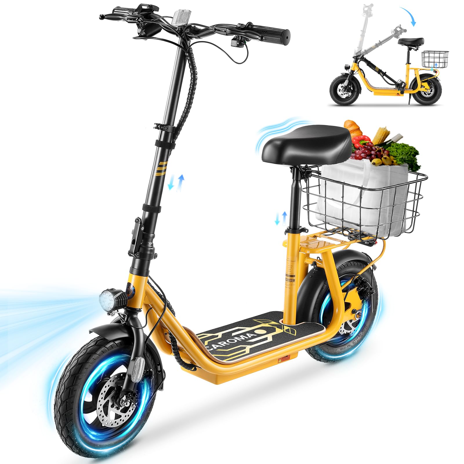 Caroma Electric Scooter Adults, 1200W Peak Motor, 20 MPH Top Speed, 30 Miles Max Range, Foldable Electric Scooter with Seat, Detachable Large Basket, Perfect Commuter E-Scooter for Adult and Teens