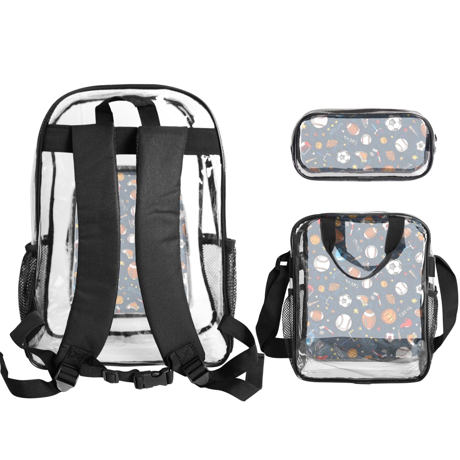 Juego de 3 bolsas transparentes con estampado de juego de béisbol deportivo para niños, bolsa transparente con bolsa de almuerzo aislada incluida
