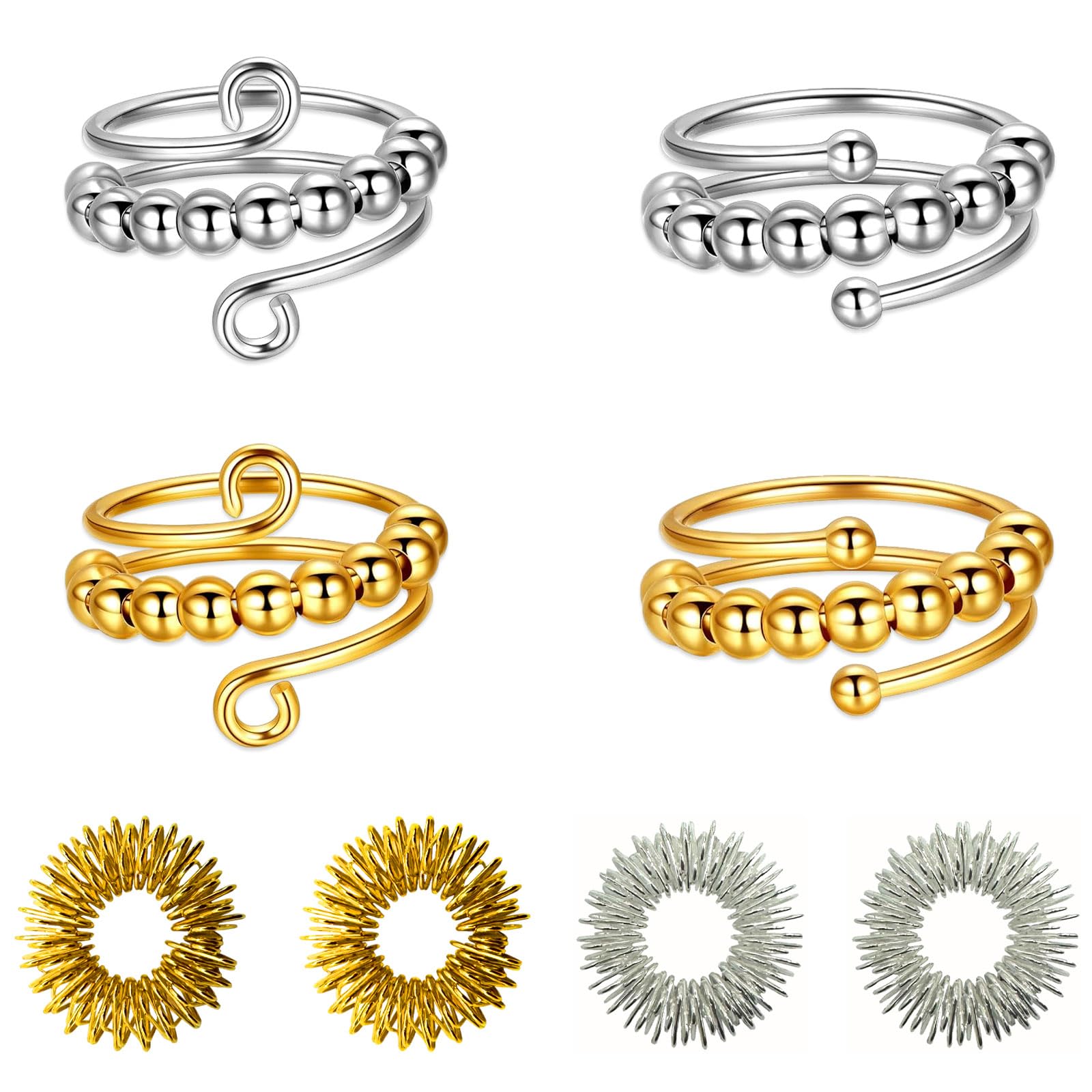 AMSNINK 4 Stück Verstellbare Anti-Stress-Ring Mit 4 Stück Akupressur Ringen, Fidget Ring, Anxiety Ringe, Antistress Ringe, Für Mädchen Und Frauen Stress Relief Ängstlichkeit