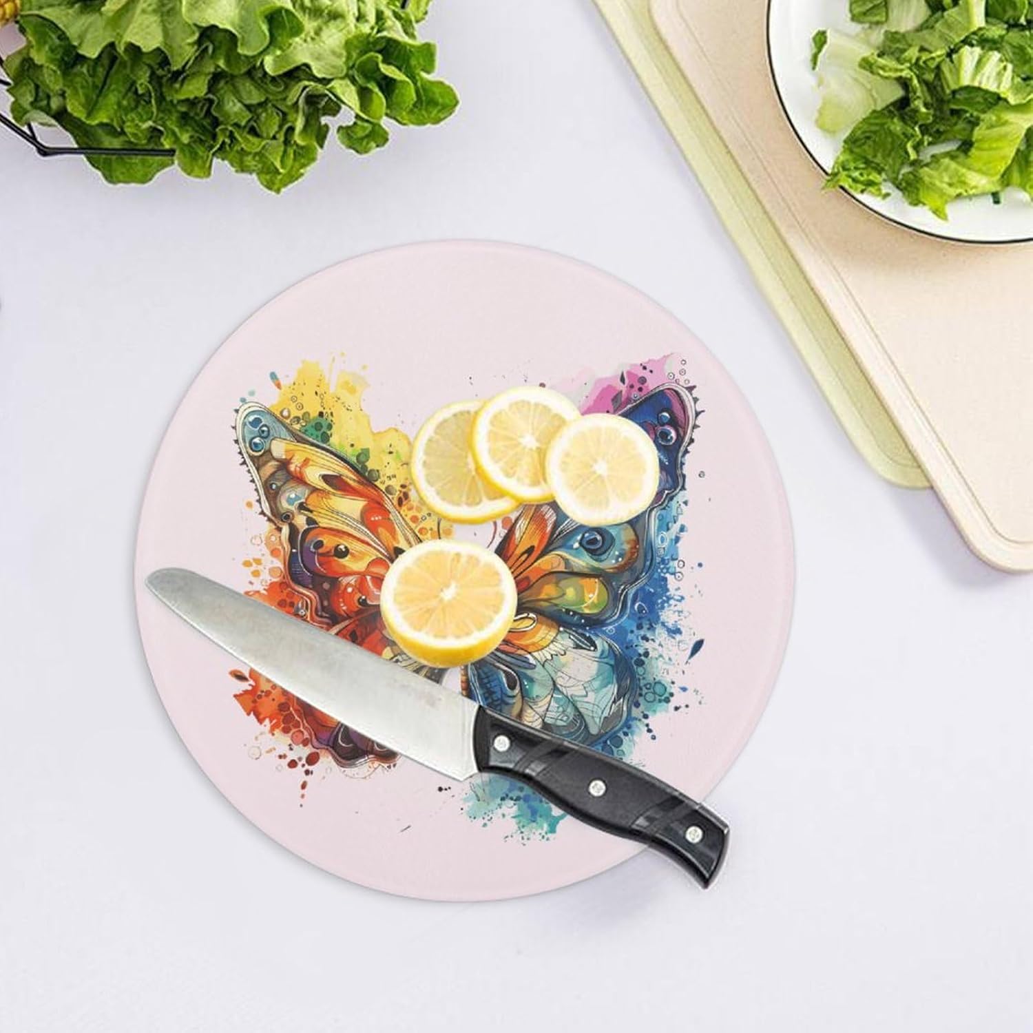 Watercolor Butterfly Kitchen Cutting Board Glass Chopping Block for Meat Vegetables and Fruits Ideal Home Gifts