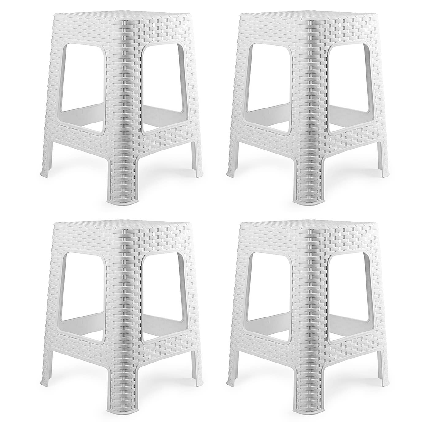 Acan Tradineur - Taburete de plástico - Fabricado en España - Diseño Rattán hogar o el Trabajo - 36 x 36 x 45 cm - Color Blanco (4 Unidades)