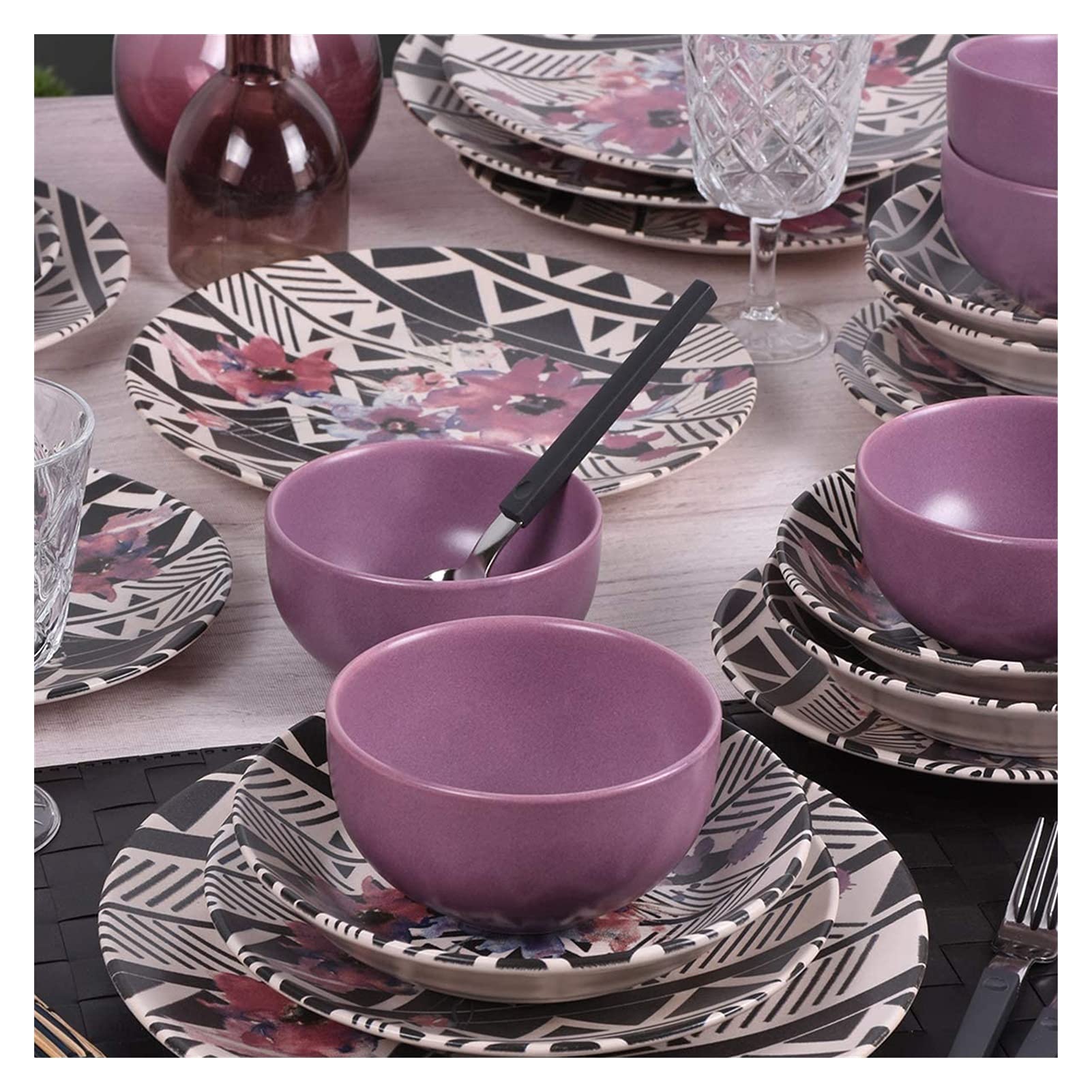 Geschirr-Set aus Steingut, lila, Steingut, kompatibel mit 6 Personen, 24-teilig, Abendessen, Kuchen, Suppe, Servierteller, Vintage Küche, Haushalt & Wohnen
