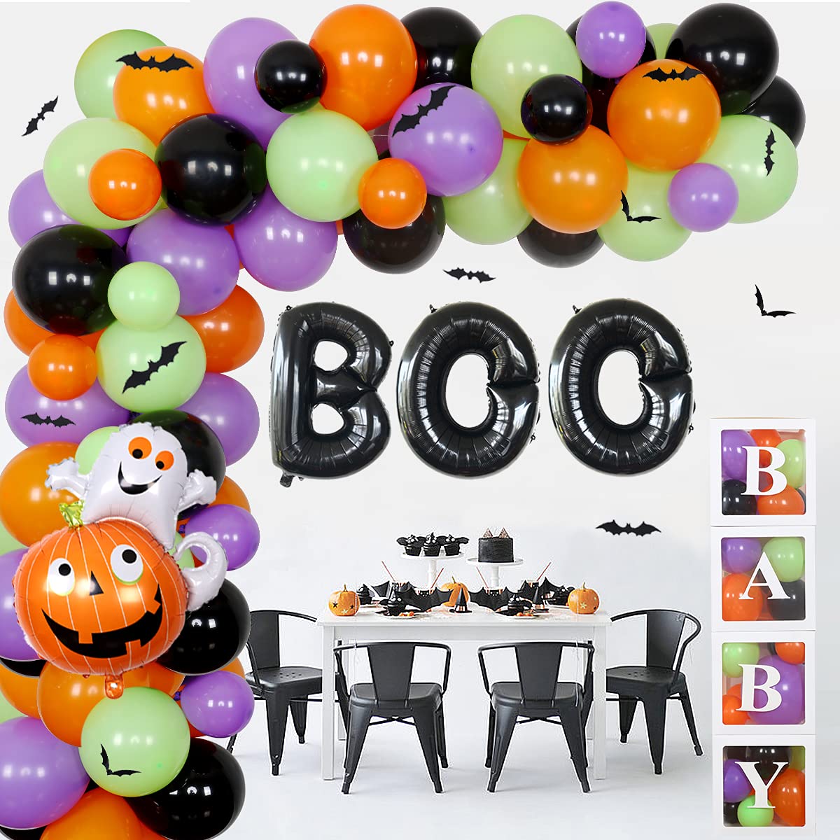 Halloween Baby Shower Party Decorations for Adults - Orange Black Halloween Balloon Garland Kit a Baby Is Hatching Soon Balloon Boxes Pumpkin Ghost Boo Foil Balloons