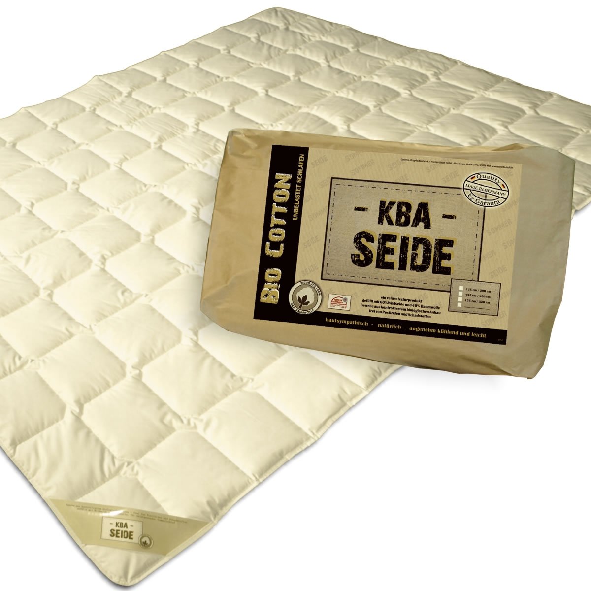Garanta Naturbelassene Wild-Seide Sommerdecke in 155x220 cm aus 60% Seide und 40% Baumwolle mit einem Baumwollbezug aus 100% Baumwolle aus kontrolliert biologischem Anbau – Made in Germany