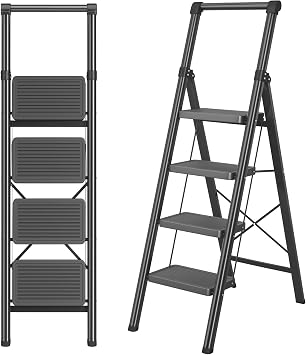 4 Step Ladder, DIAMONDFORGE Folding Step Stool with Wide Anti-Slip Pedal, Anti-Slip Feet and Handgrip, Sturdiest Steel Construction, Steel Ladder for Home, Black
