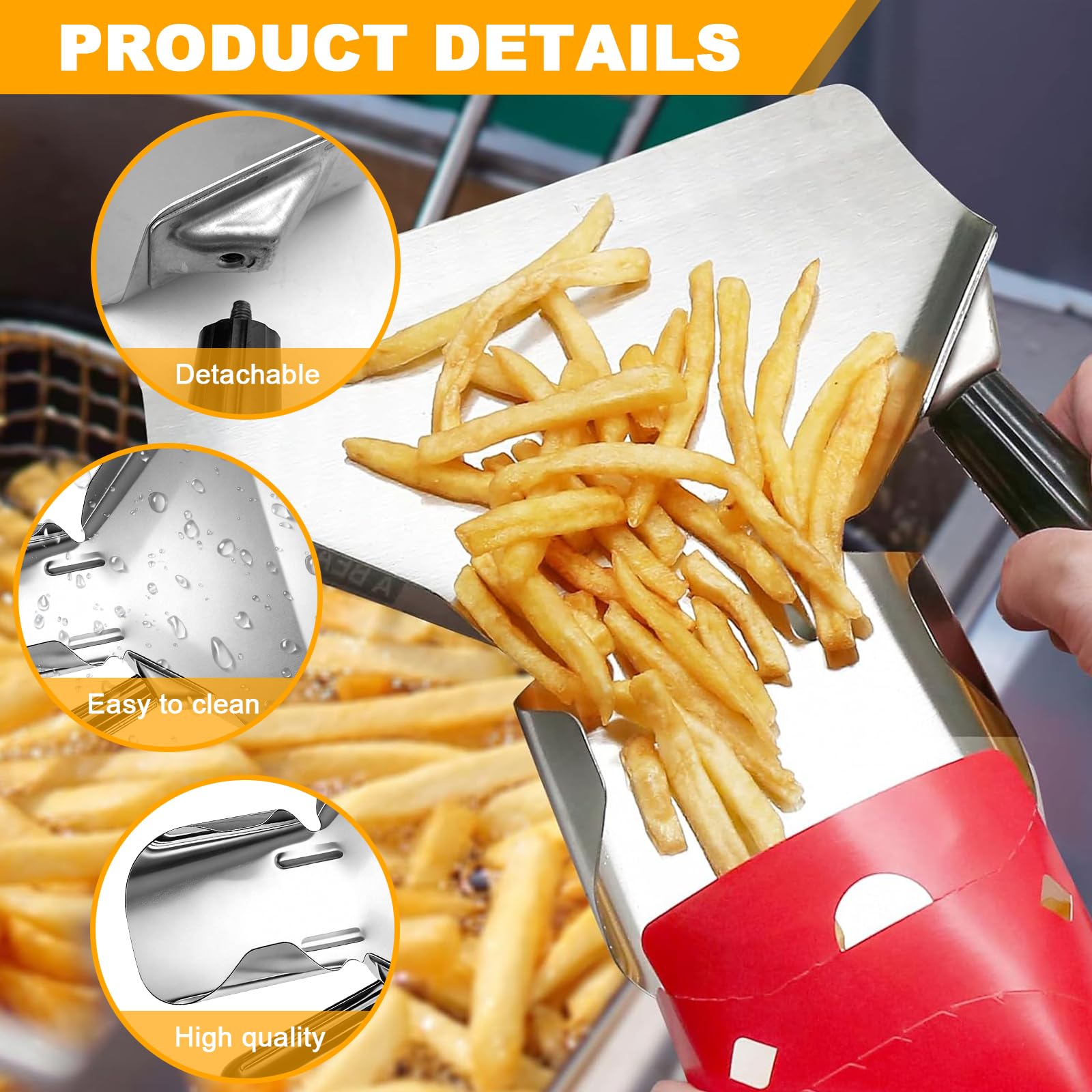 1 pala para patatas fritas, 22,5 x 21 cm, acero inoxidable, con 1 mango derecho, para el hogar, cocina, aperitivos, dulces, postres, con un mango y pinzas para el pan