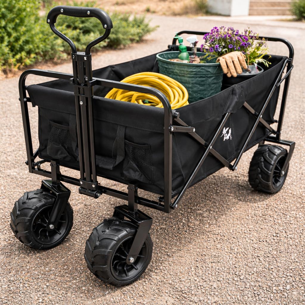 Actiasgear Black Heavy Duty - Folding Festival & Beach Cart | Heavy Duty Utility Trolley | 80Kg Load Capacity | Collapsible Outdoor Pull Cart