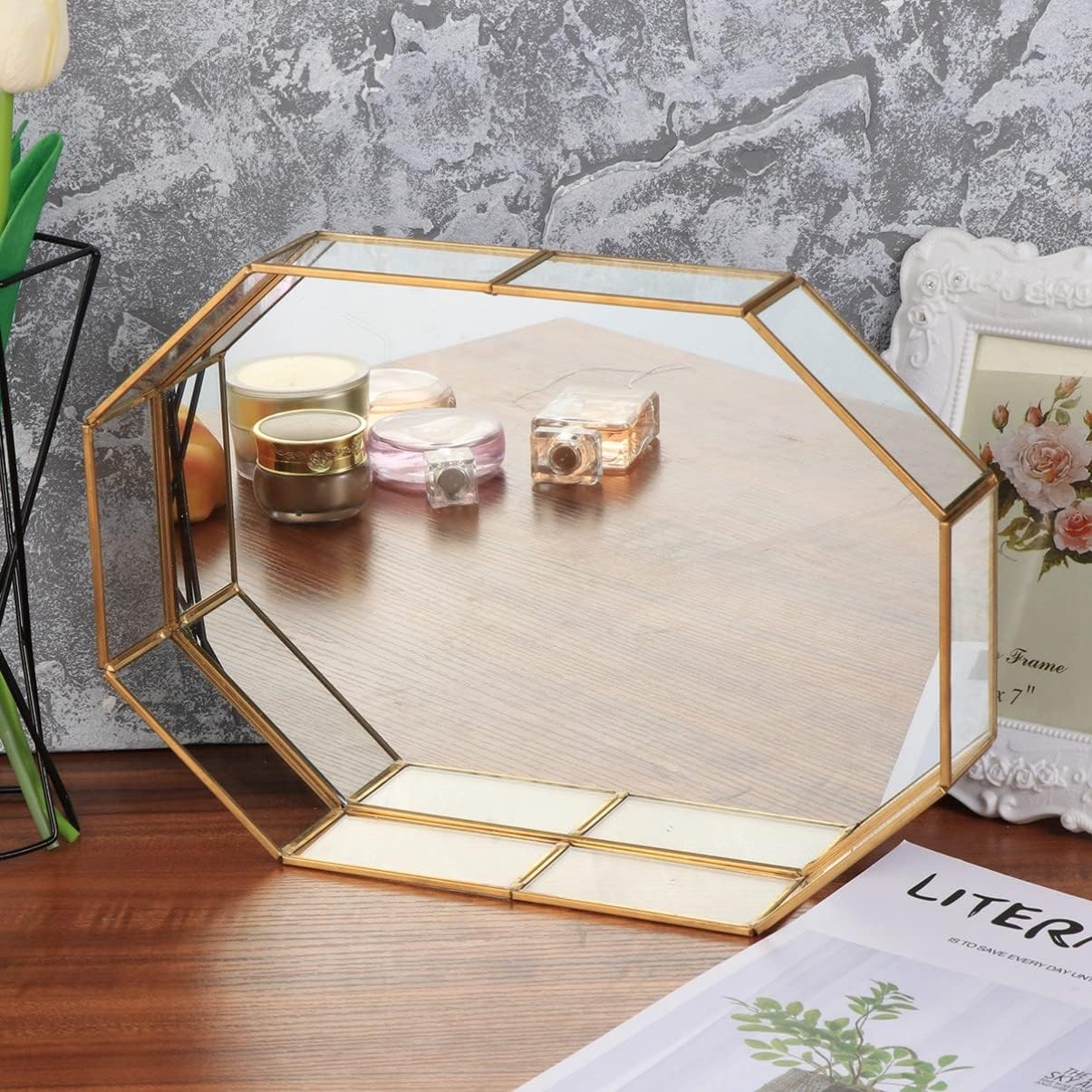Decorative Copper Structure Mirrored Jewelry Tray Glass Organizer for Vanity for Storing Jewelry Accessories and Items
