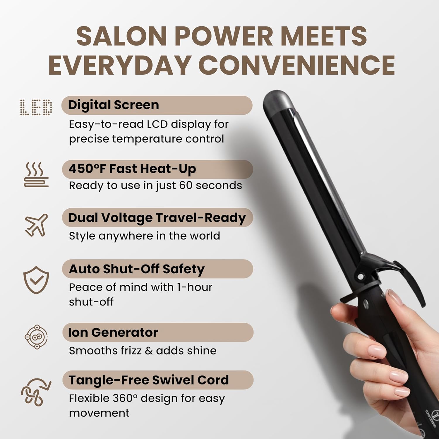 Infrared Curling Iron 1.5” Ceramic Tourmaline Long Barrel – Digital Professional Hair Curler with Ion Technology for Big Curls, Beach Waves, Thick Hair – Fast Heat, Clamp, Dual Voltage