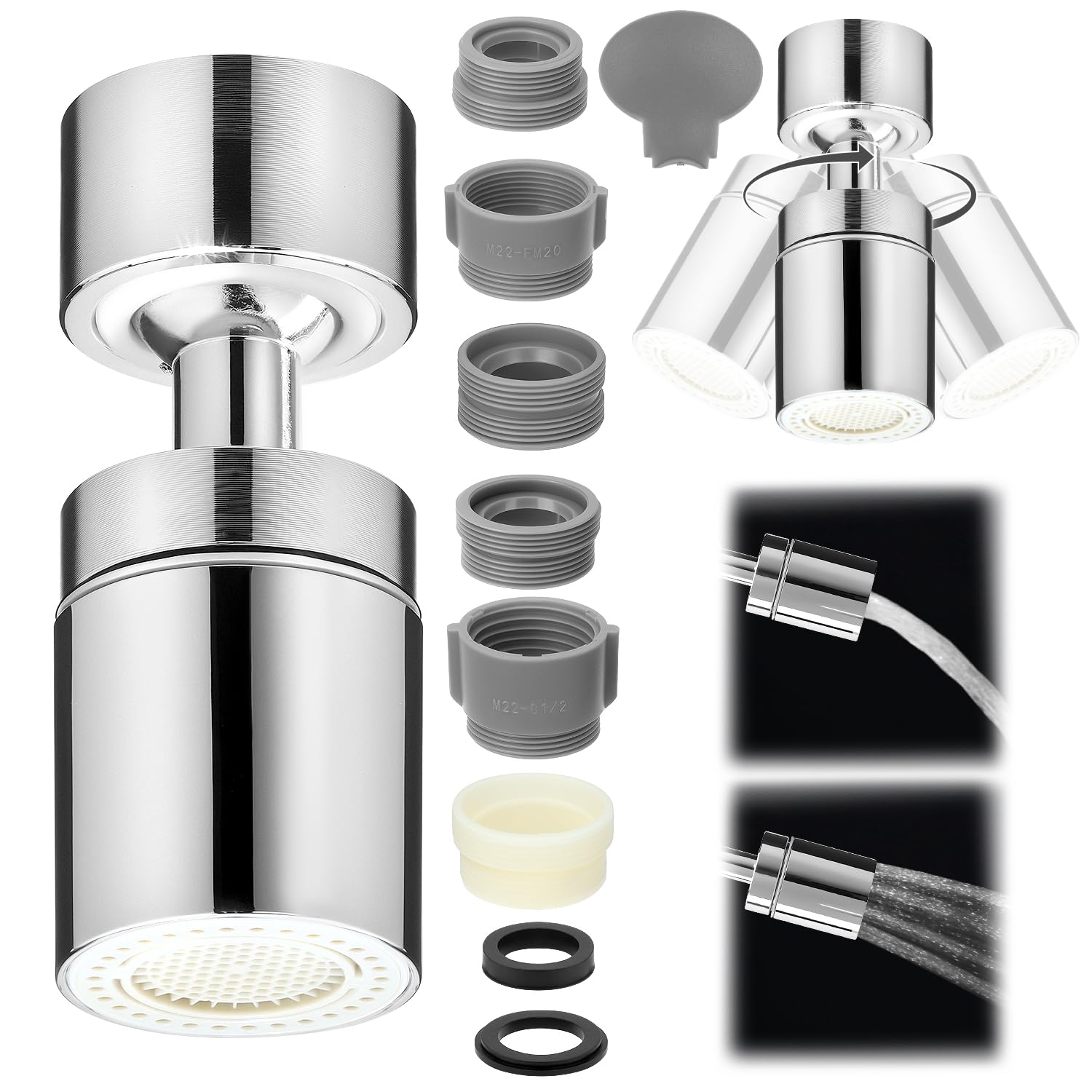 QWORK® Tap Spray Head, Kitchen Faucet Spray Head with 360° Swivel Spout 2 Water Modes, Tap Aerator with Multiple Adapters