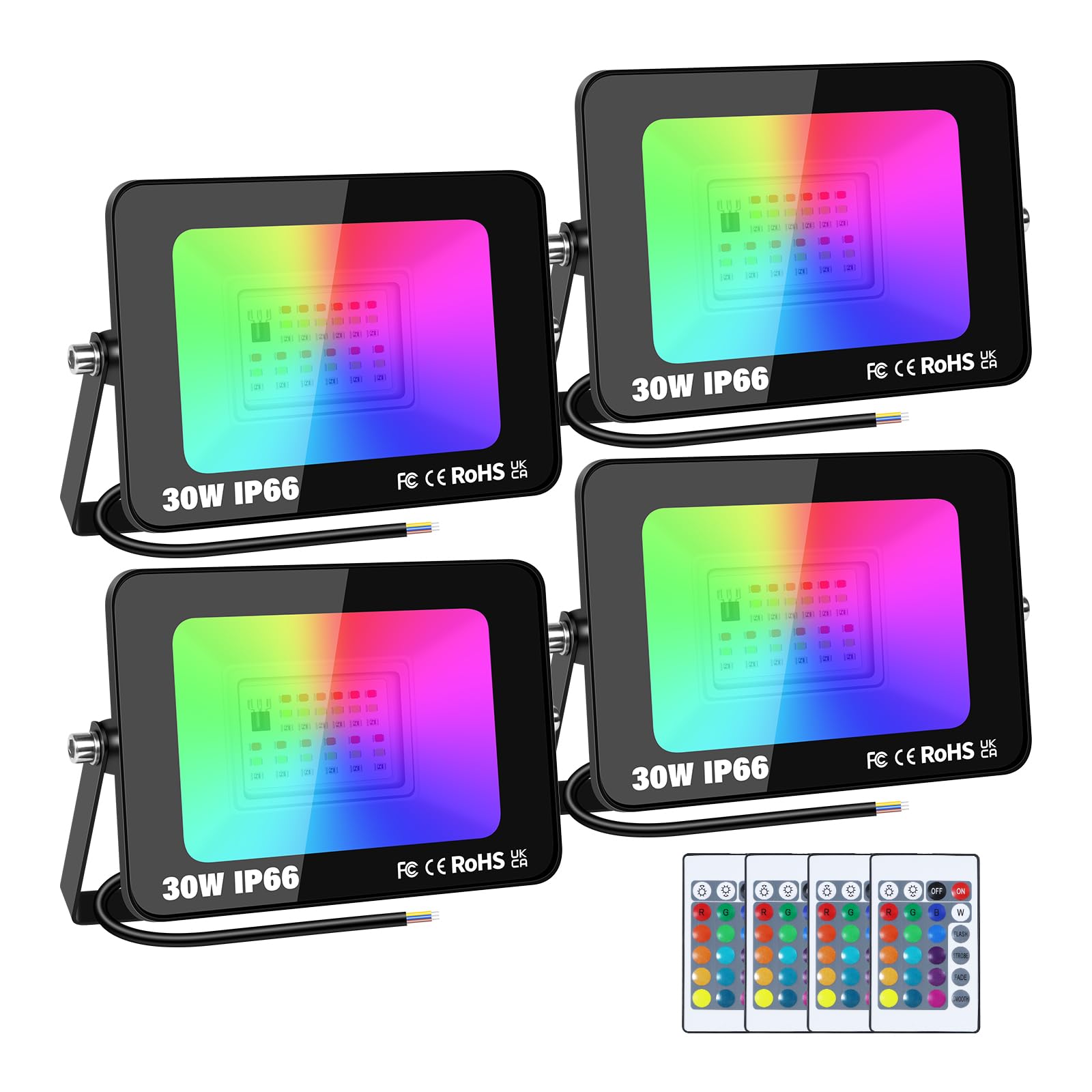 AUXTINGS 4 Pieces 30W RGB LED Flood Lights, Colorful Flood Light with Remote Control, Indoor Outdoor IP66 Waterproof Colored LED Floodlight, Dimmable Wall Washer Lighting Party Stage Light,200V-250V