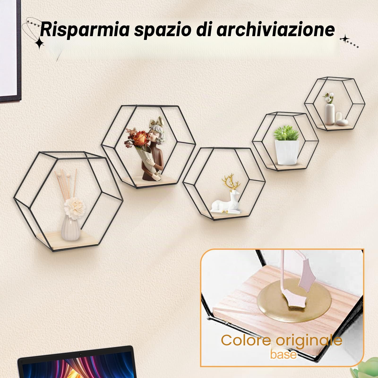 Set di 5 mensole da parete esagonali in ferro, scaffali metallici per cucina, bagno, soggiorno, camera da letto, ufficio, scaffale in metallo galleggiato, visualizzazione pianta, libri (nero 5)