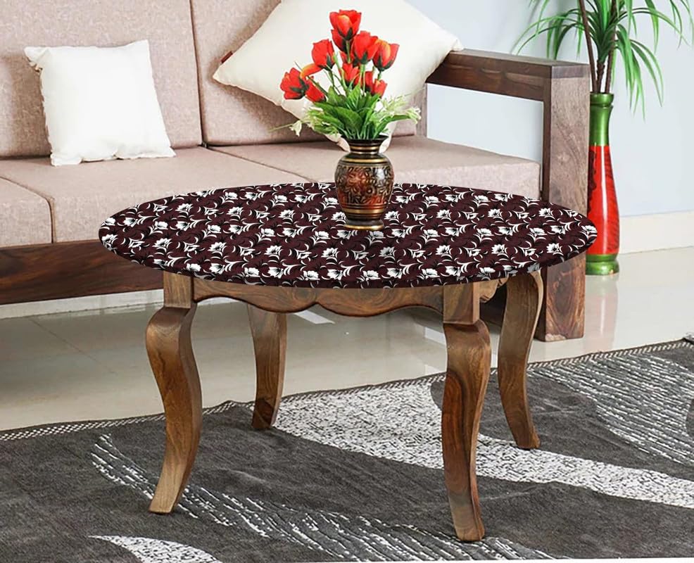 Image of The Furnishing Tree Round Elastic Fitted Center Tpoy Table Cover WxL 18x18 Inches Floral Pattern Brown