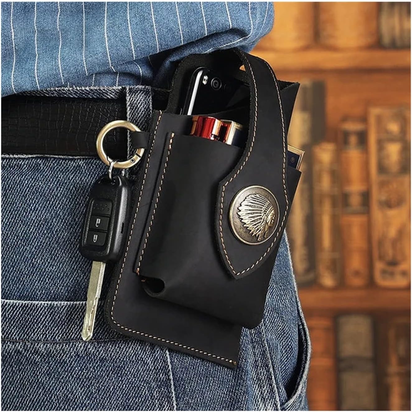 2023 New Multifunctional Leather Mobile Phone Bag with Belt Clip, Premium Rugged Leather Cell Phone Holster with Belt Loop, Belt Phone Pouches Holder for All Phones (Black)