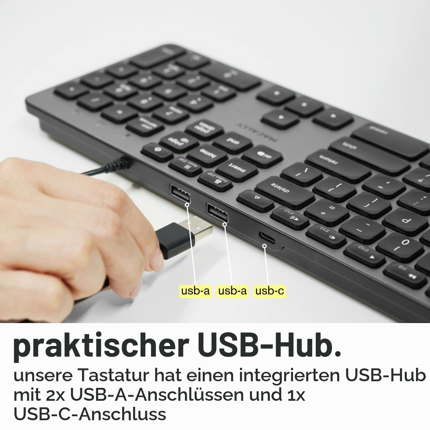 Macally UCZKEYHUBACSG, erweiterte USB-C Tastatur mit 2 USB-A & 1 USB-C Ports und US QWERTY Layout, Space Grey