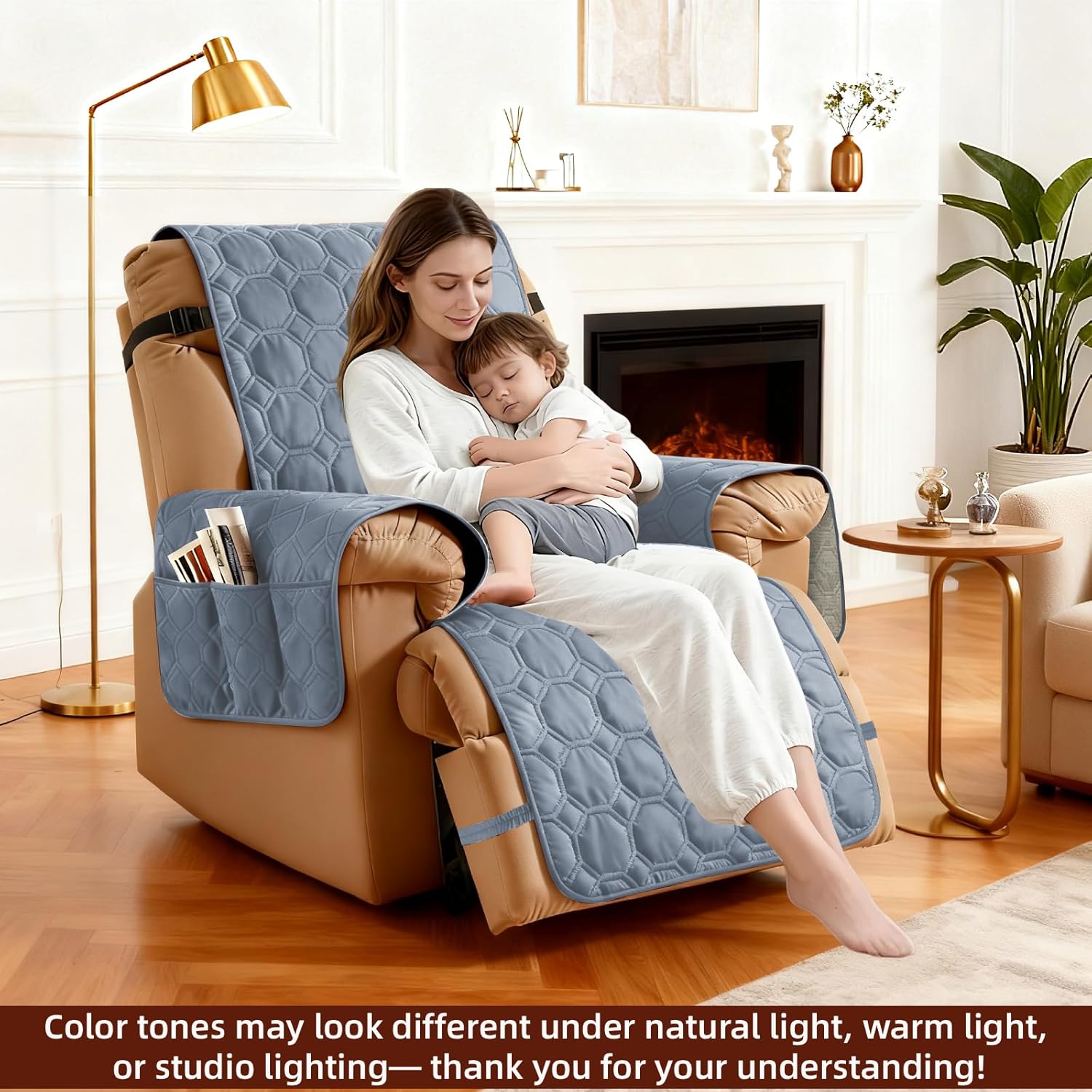 XINEAGE 100% Waterproof Recliner Chair Cover, Non Slip Covers for Recliner Chair with Pocket, Washable Dog Recliner Couch Cover with Elastic Straps (Grayish Blue, 23.6")