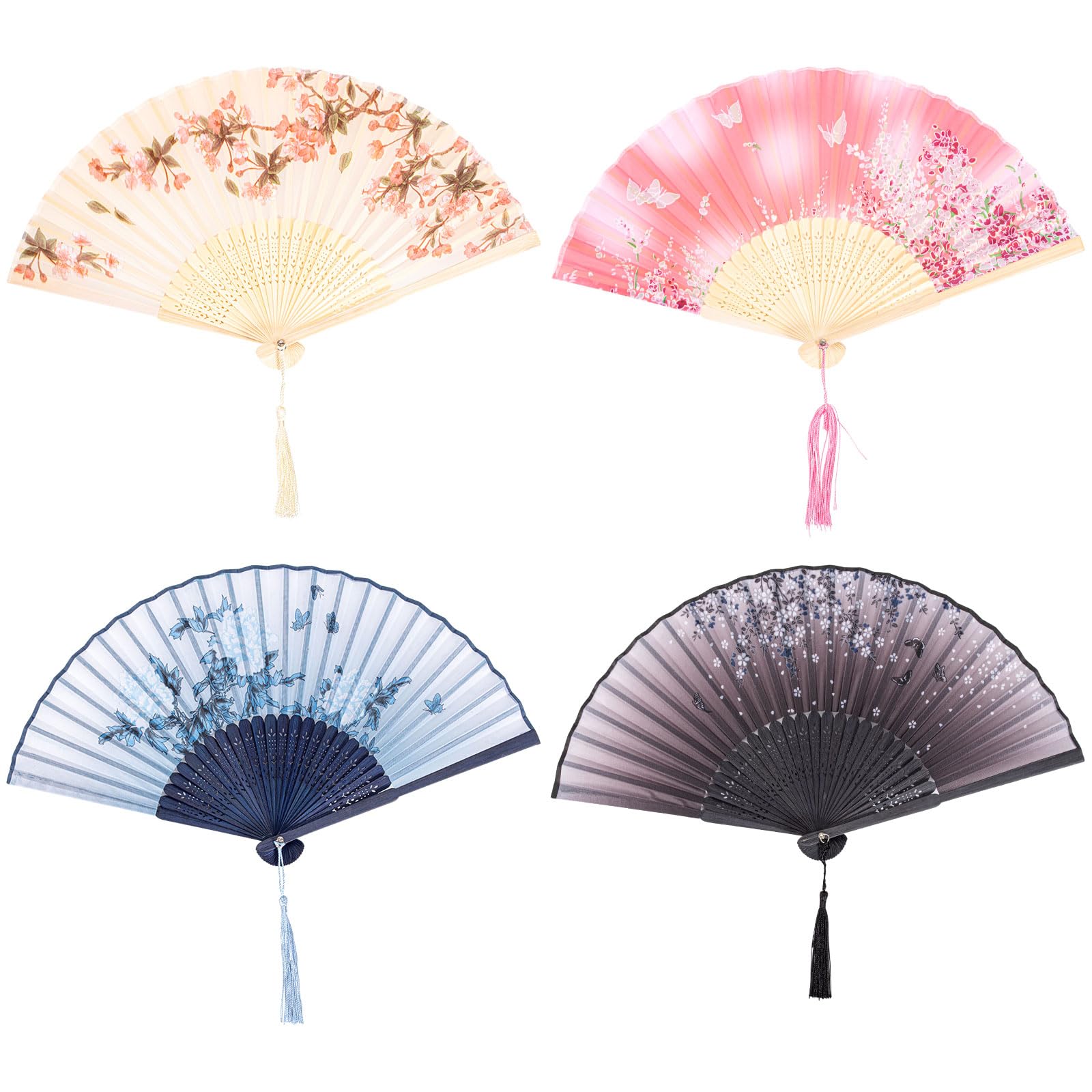 4 Stück Fächer Stoff Stabil,Handfächer Holz Fächer Klein mit Quaste | Faltbar Fecher Damen Chinesische Handfächer Set, Leicht Fächer Bunt Blumen für Sommer, Party ,Hochzeit und Dekoration