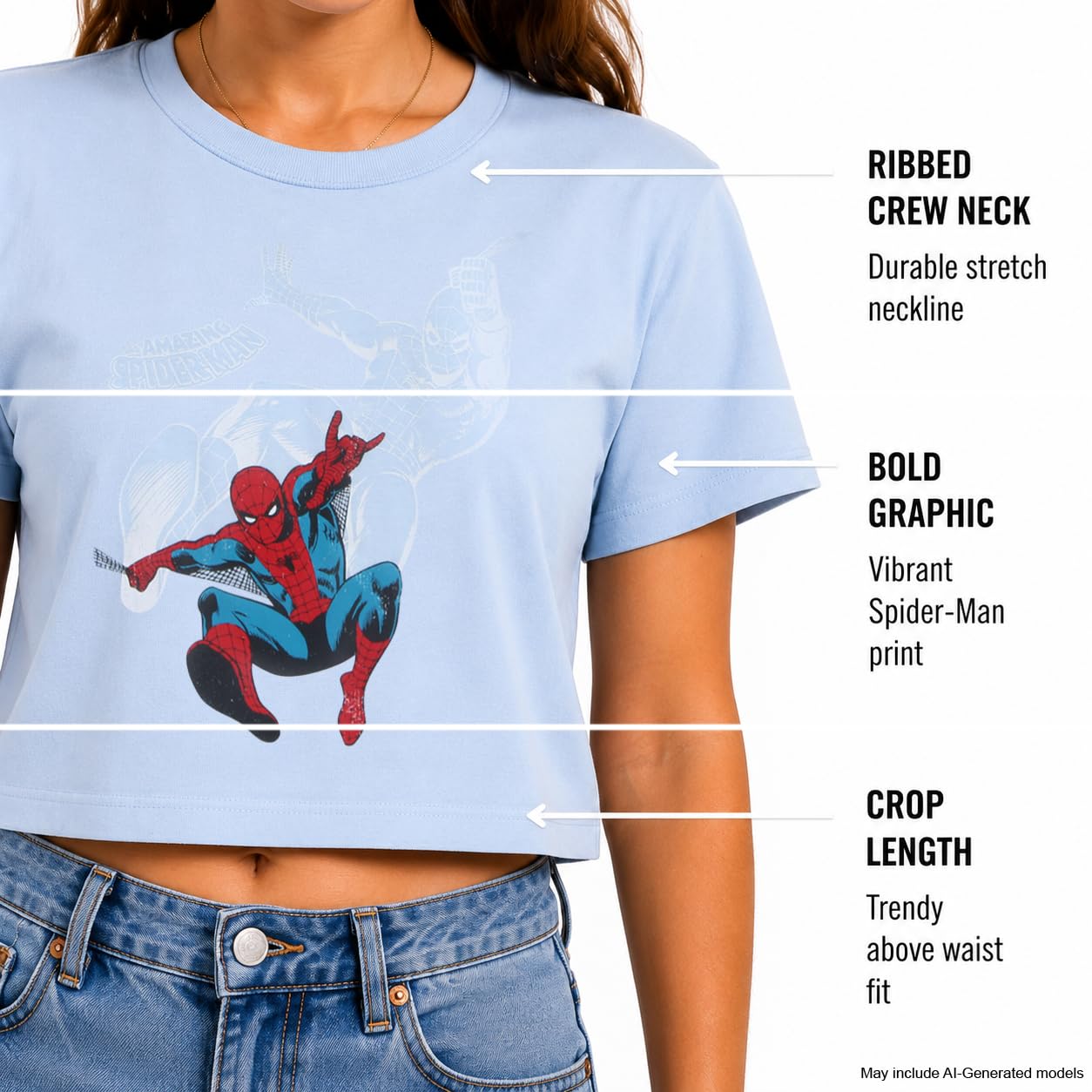 Marvel Spider-Man damskie koszulki z grafiką - przycięta koszulka niemowlęca, tank top i pełna długość okrągły dekolt koszulki z grafiką retro dla kobiet | Miękka mieszanka bawełny i poliestru, luźny krój na co dzień, oddychający komfort do noszenia na co