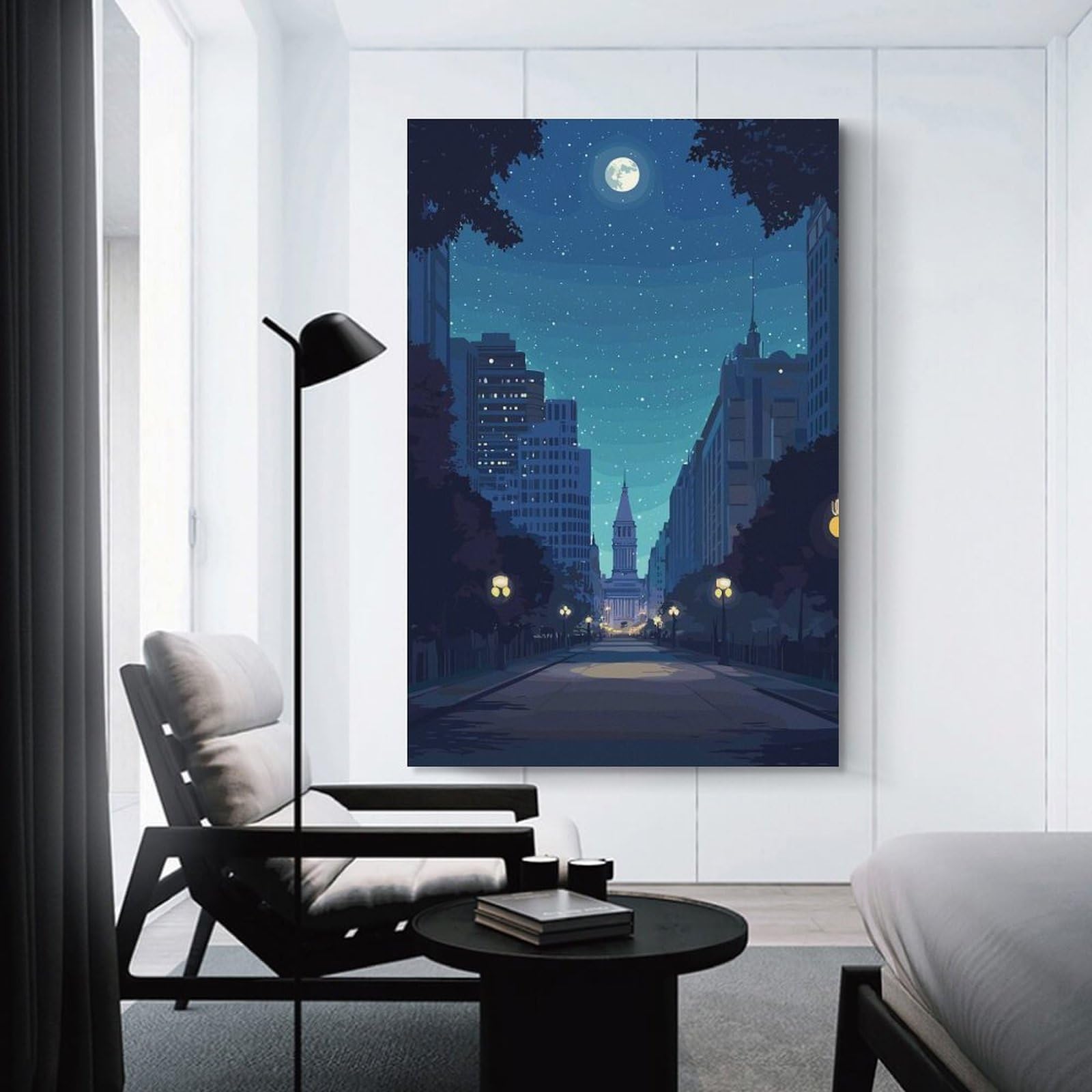 Junmoney City Street at Night with Moon Hanging Wall Art 16x24inch(40x60cm), for New Homes, Bedrooms Or Workspaces, Thoughtful Wall Decor for Art Lovers