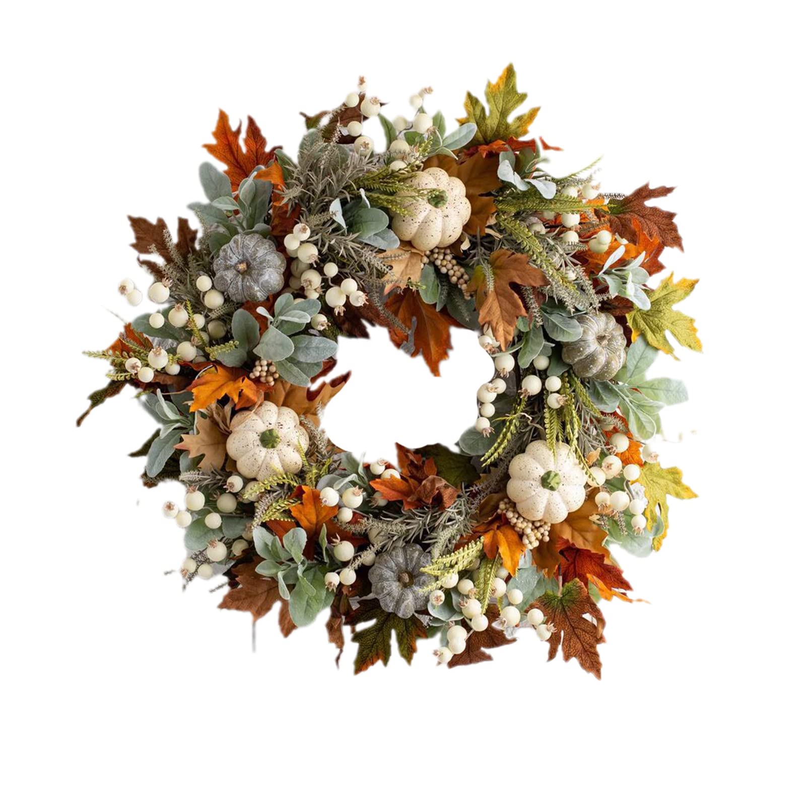 Autumn Wreath Decoration for Front Door, Fall Neutral Wreath with Maple Leaf Berry Harvest Pumpkins Pinecones for Fall Thanksgiving Halloween Decorations 45 * 45cm (Multicolor, 45cm*45cm)