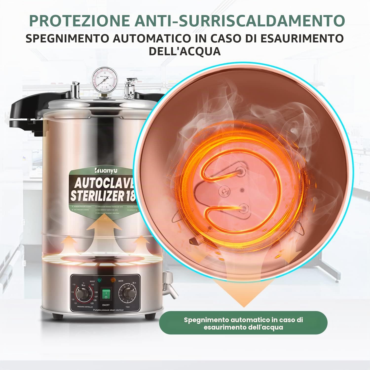 Huanyu 18L Autoclave Sterilizzatore Autoclave a vapore regolabile in temperatura e tempo Autoclavi elettriche da laboratorio Sterilizzatore a vapore ad alta pressione