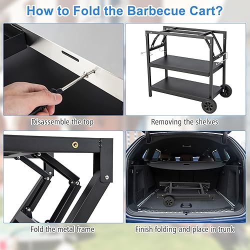 Miniatura 6 de PETSITE Carrito de parrilla al aire libre, soporte plegable para horno de pizza para barbacoa, mesa de preparación de alimentos movible con mesa y
